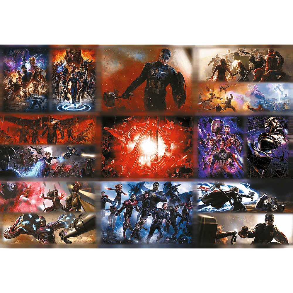 Puzzle Avengers con varie immagini dei personaggi. Include Iron Man, Capitan America e altri.