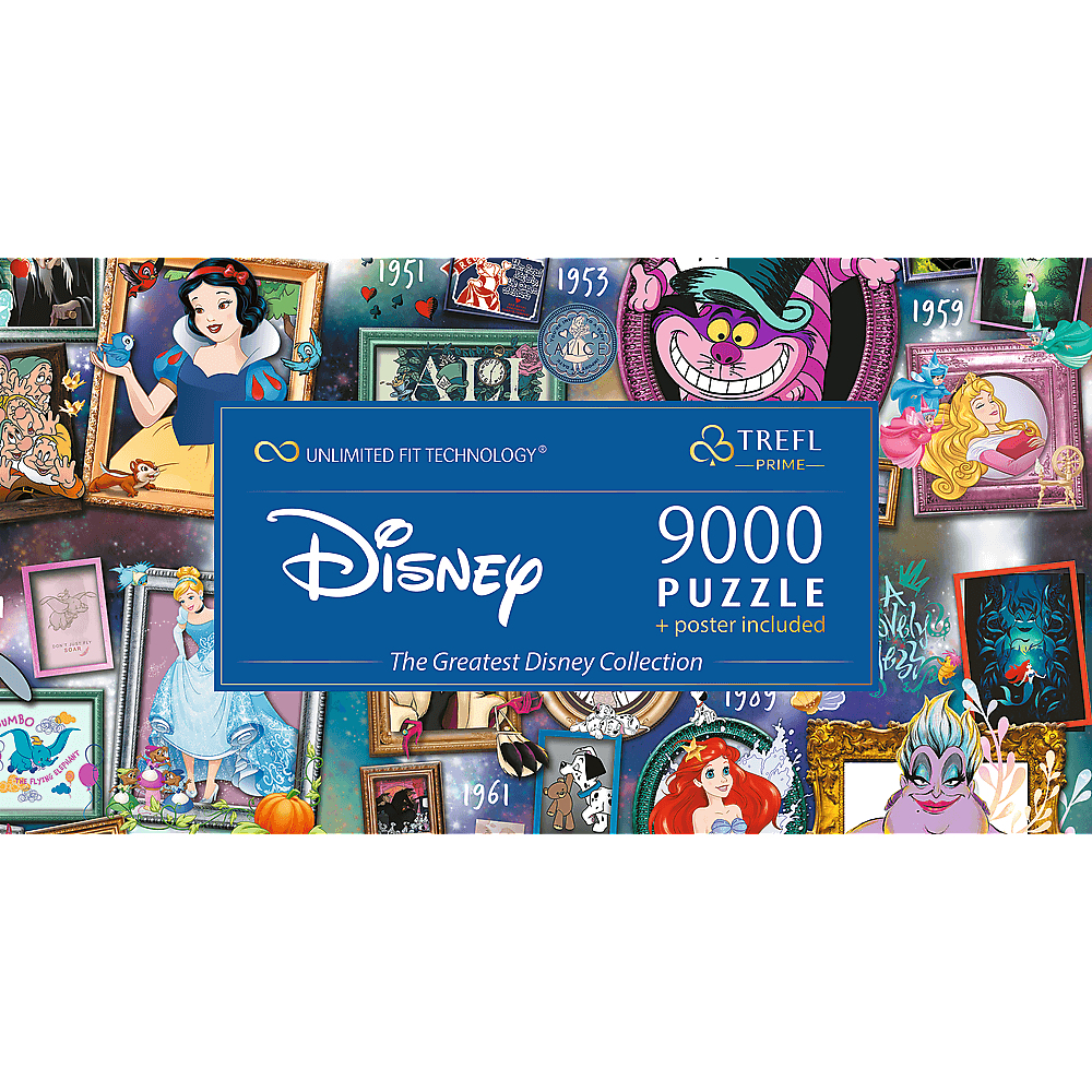 Eine Puzzledose mit verschiedenen Disney-Charakteren und Szenen aus verschiedenen Filmen.