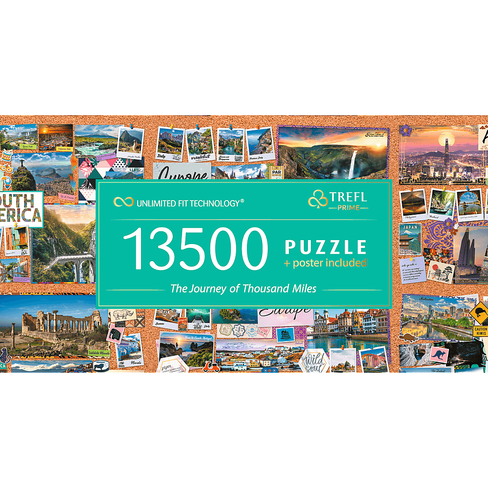 Korktafel mit Postkarten und einem türkisfarbenen Banner mit der Aufschrift '13500 PUZZLE + Poster'.