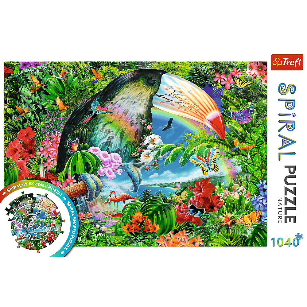 Rompecabezas en espiral de un tucán con un arco iris y un paisaje selvático. El rompecabezas está en una caja.