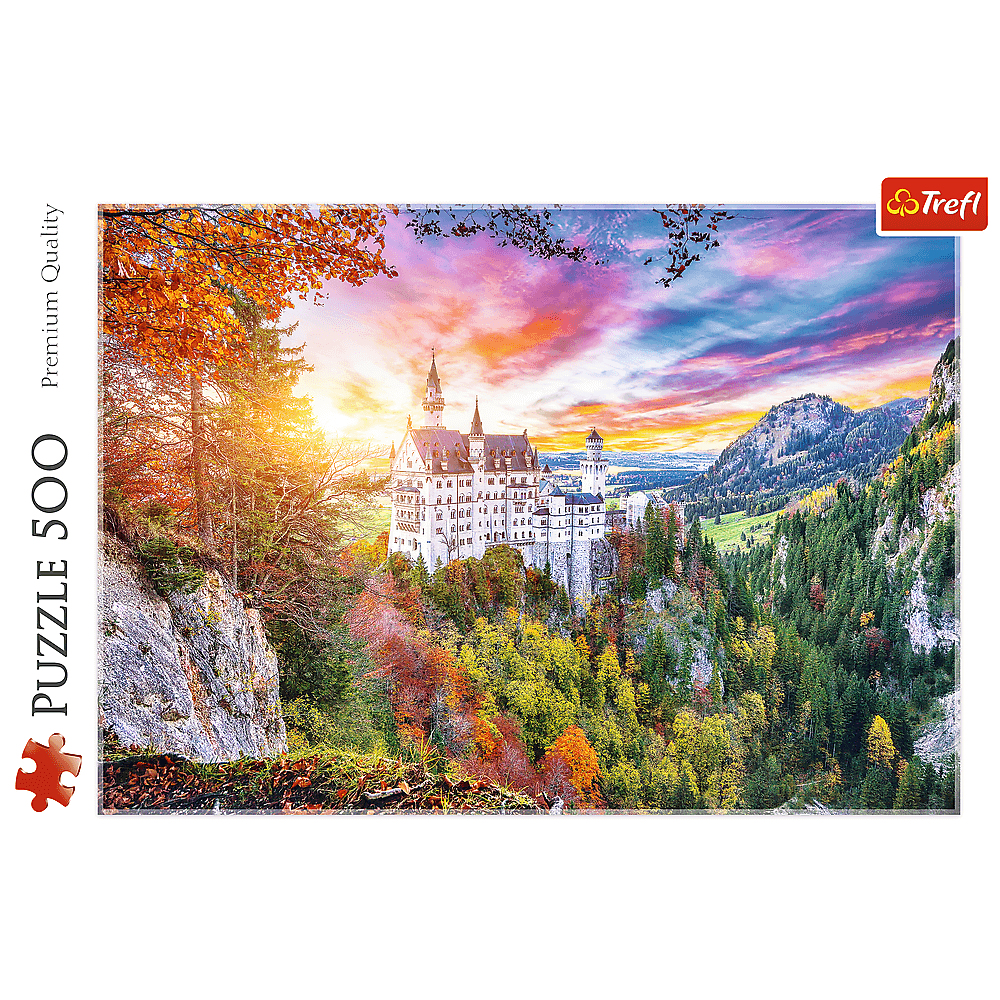 Rompecabezas del castillo de Neuschwanstein, rodeado de árboles y montañas al atardecer.