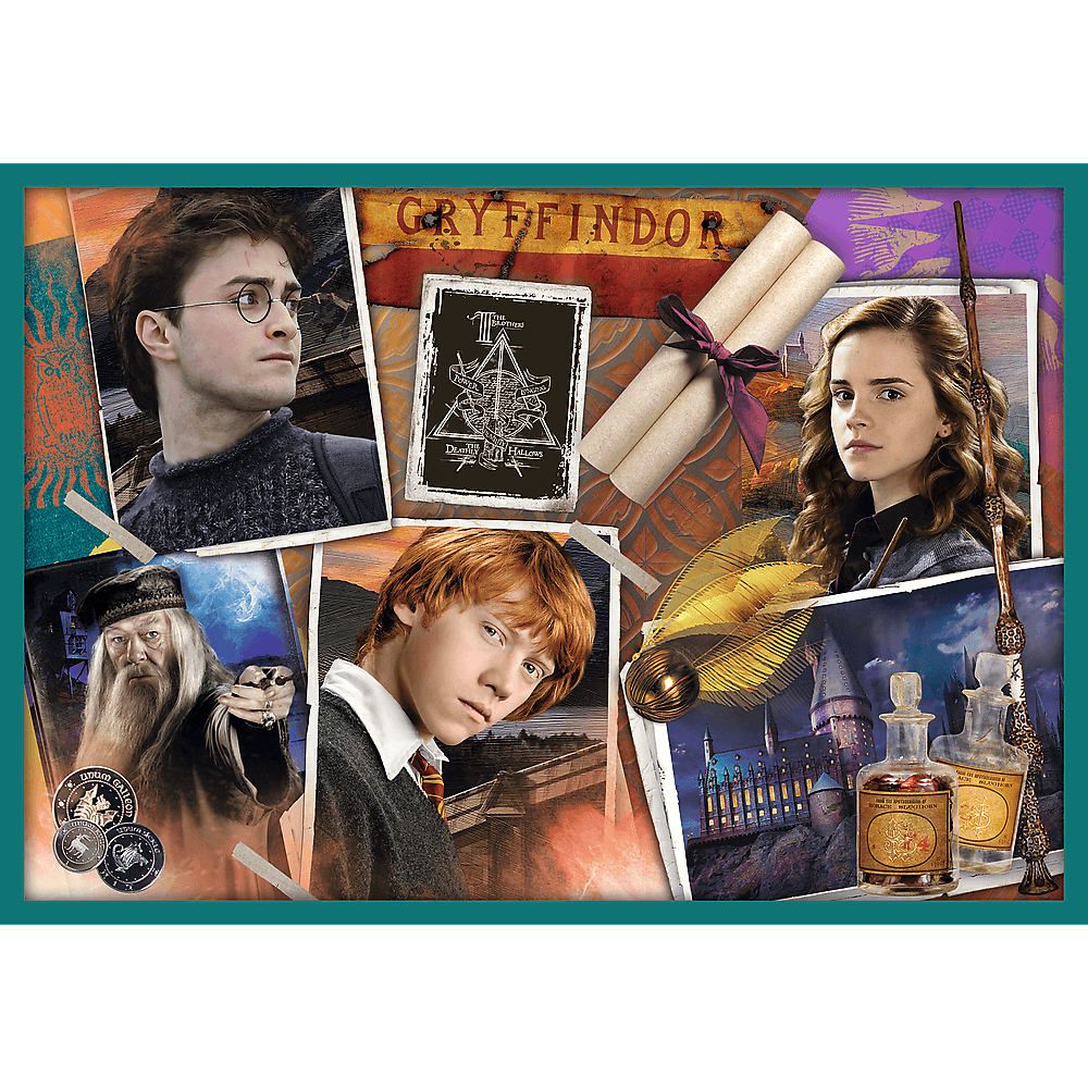 Puzzle z Harrym Potterem z postaciami, Hogwartem i artefaktami.
