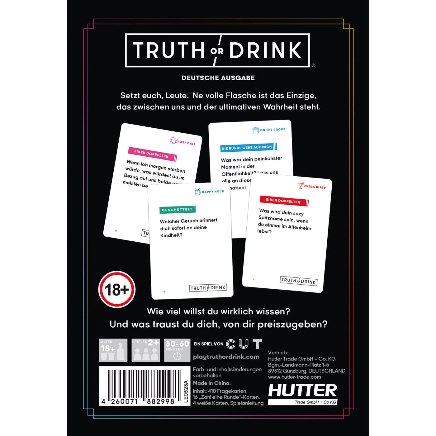 Truth or Drink Kartenspiel-Box, mit Karten und Anweisungen.