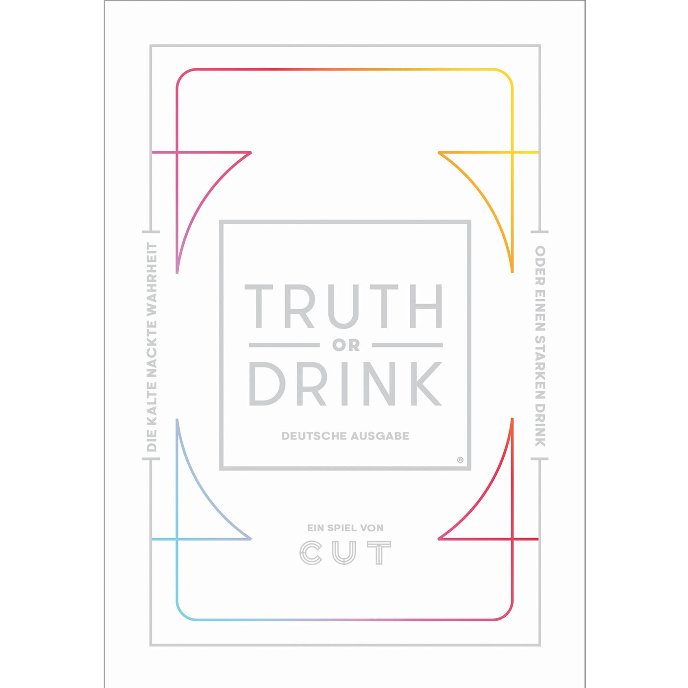 Box-Spiel mit dem Titel 'Truth or Drink' mit farbigem Rand und Text auf weißem Hintergrund.