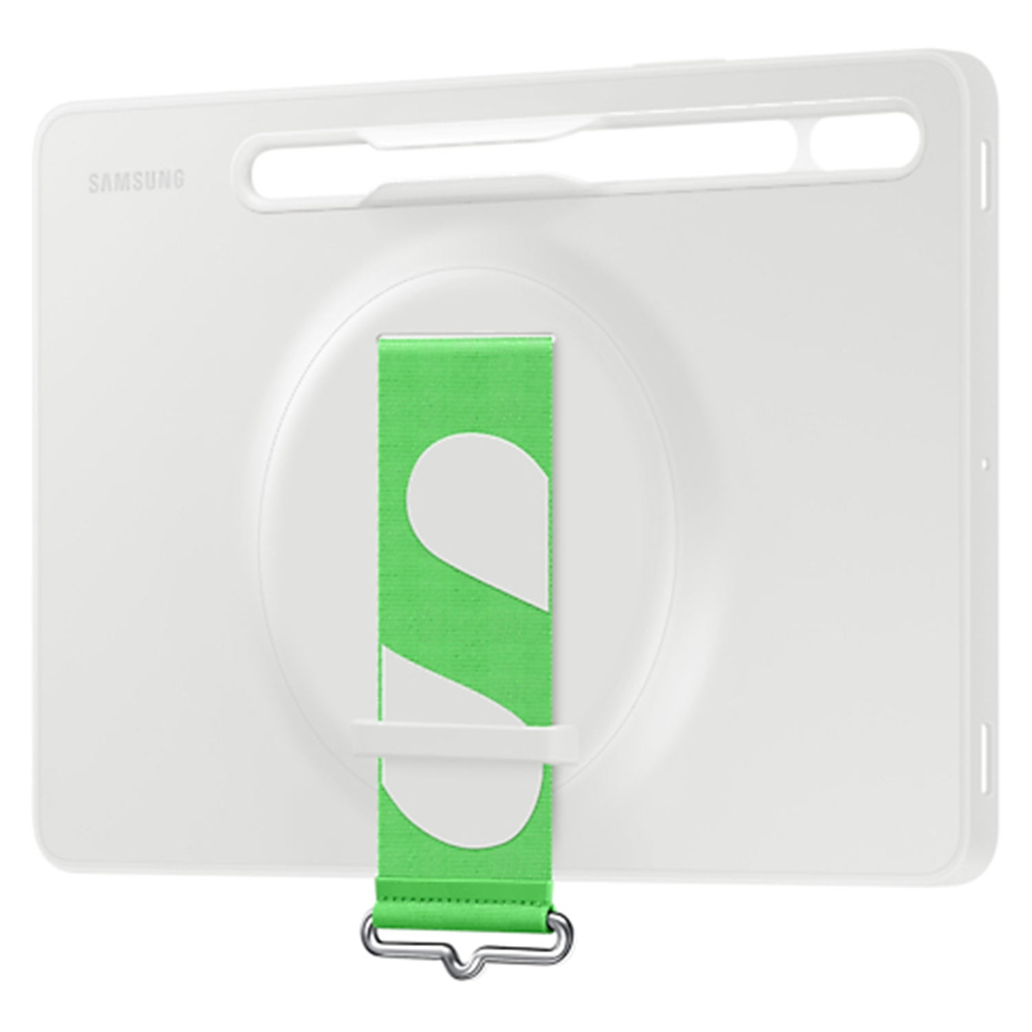 Funda blanca para tableta con correa verde. Fondo blanco. Logotipo de Samsung. Vista trasera.