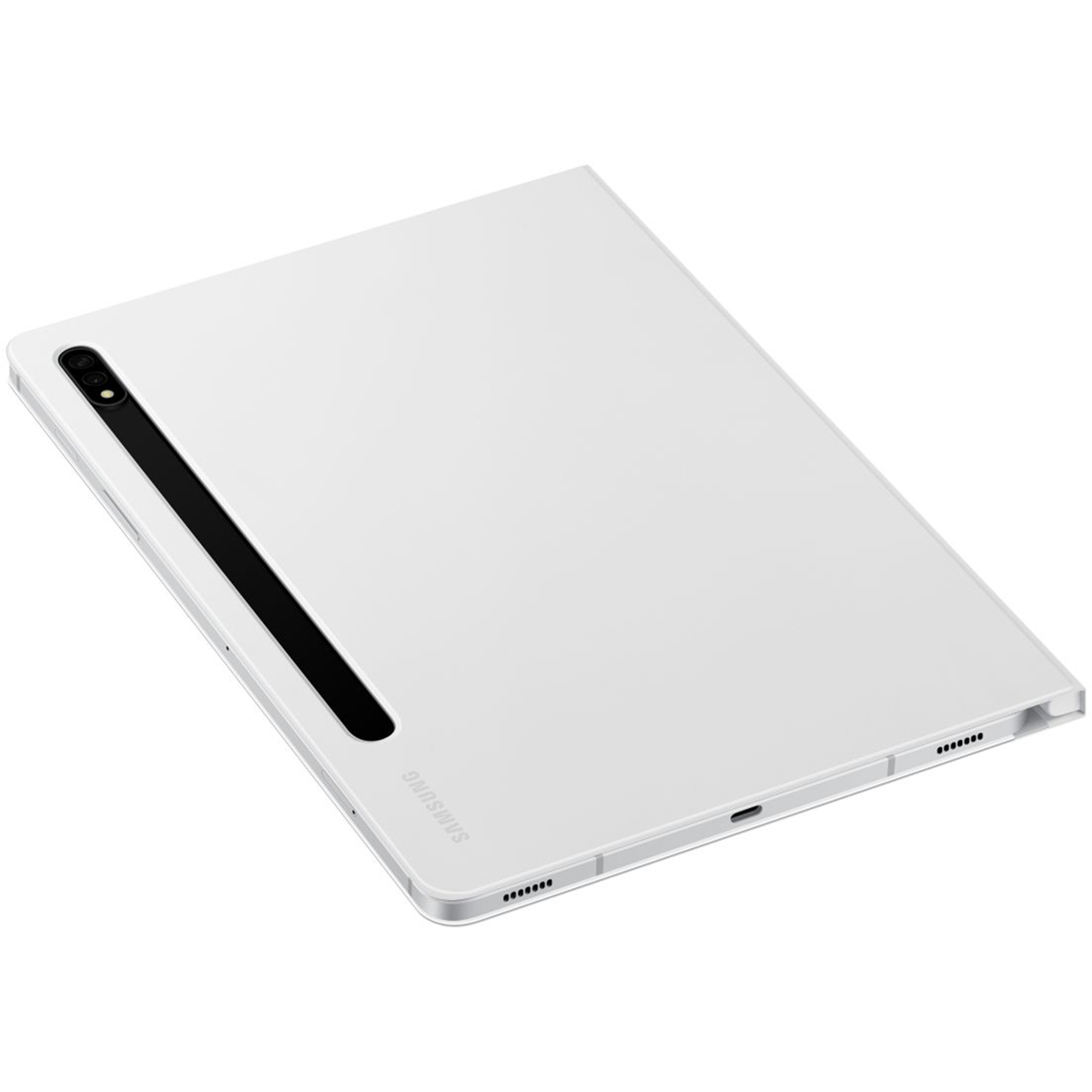 Ein weißes Tablet mit einem schwarzen Streifen auf der Rückseite. Das Samsung-Logo ist sichtbar.