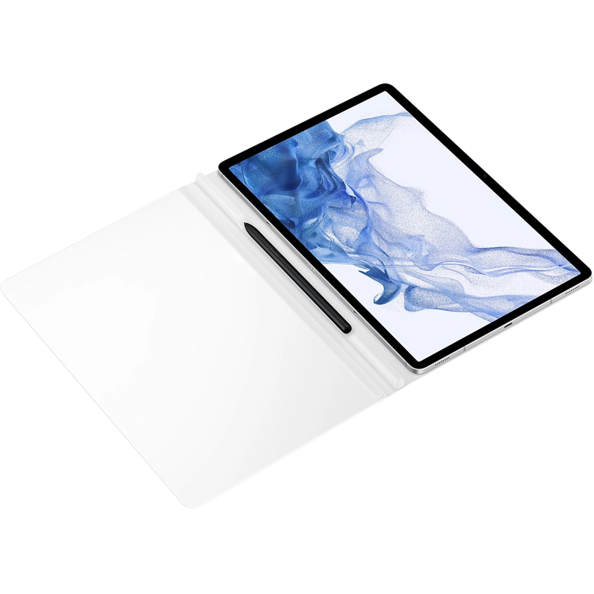 Tablet mit Stift, geöffnet auf weißer Oberfläche, zeigt blau-weißen Hintergrund.