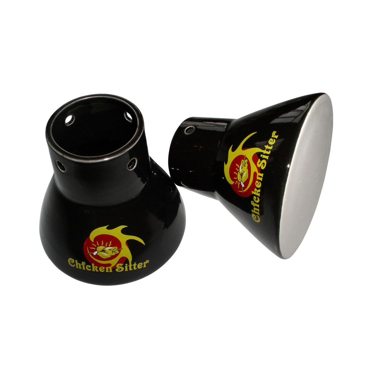 Two black ceramic chicken sitters with yellow and red logos, on a white background.