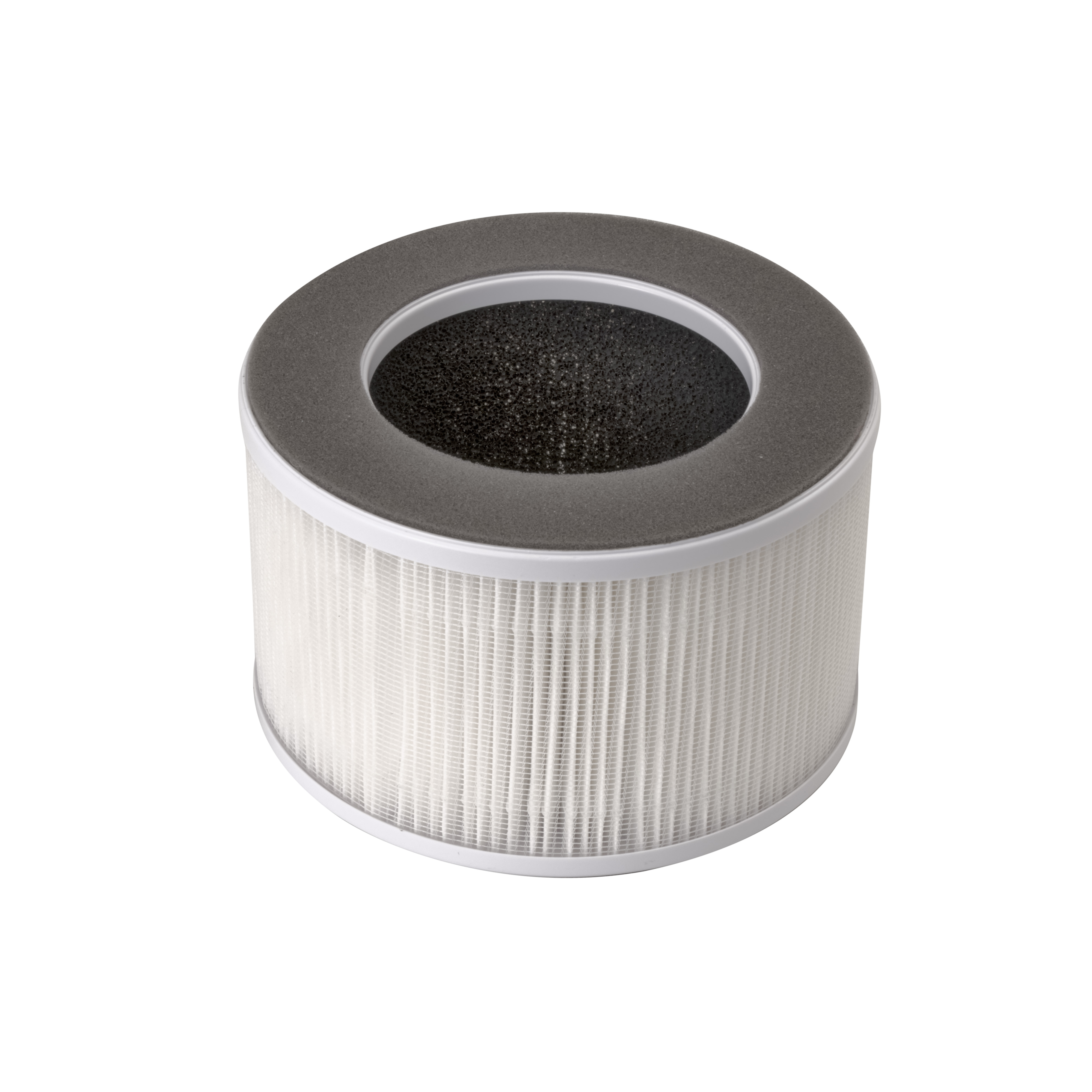 Zylindrischer Luftfilter, weiß und grau, mit schwarzem Kern.