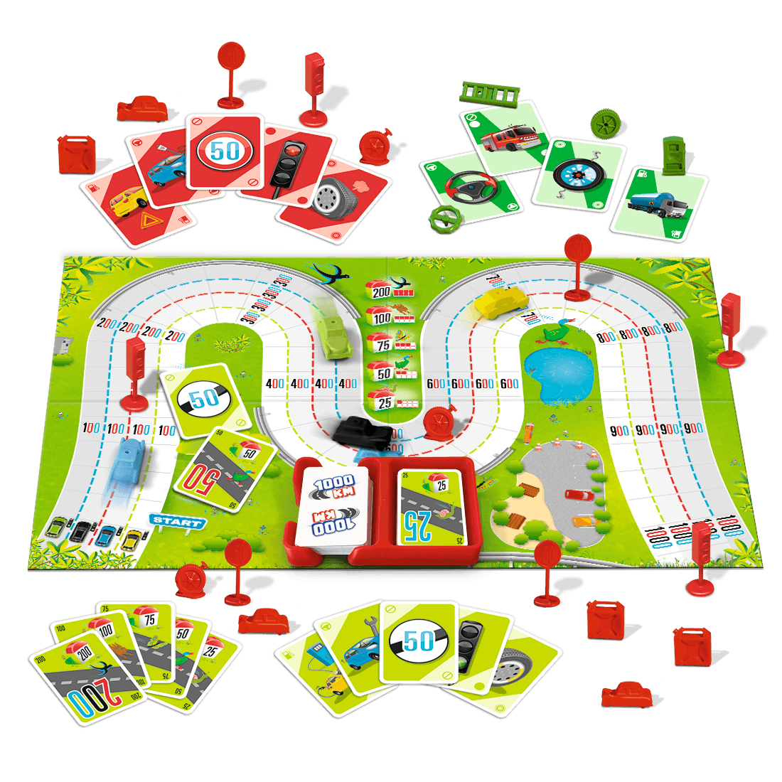 A board game with cards, race track, cars, and traffic signs, brightly colored.