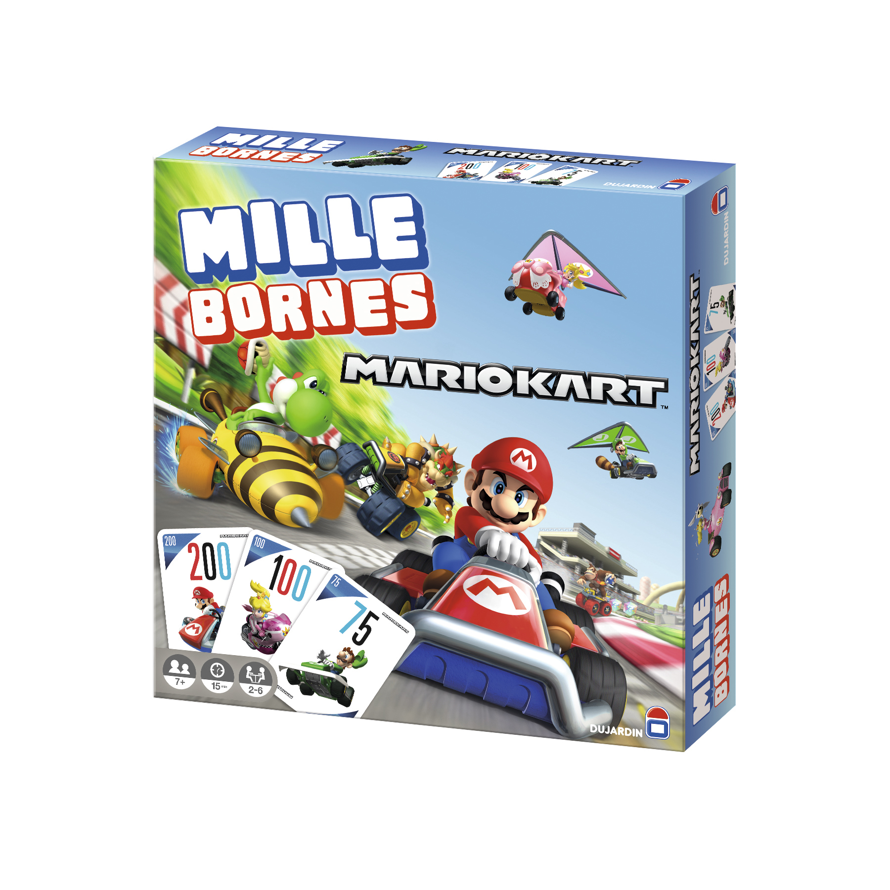 Scatola del gioco Mario Kart Mille Bornes con personaggi su una pista.