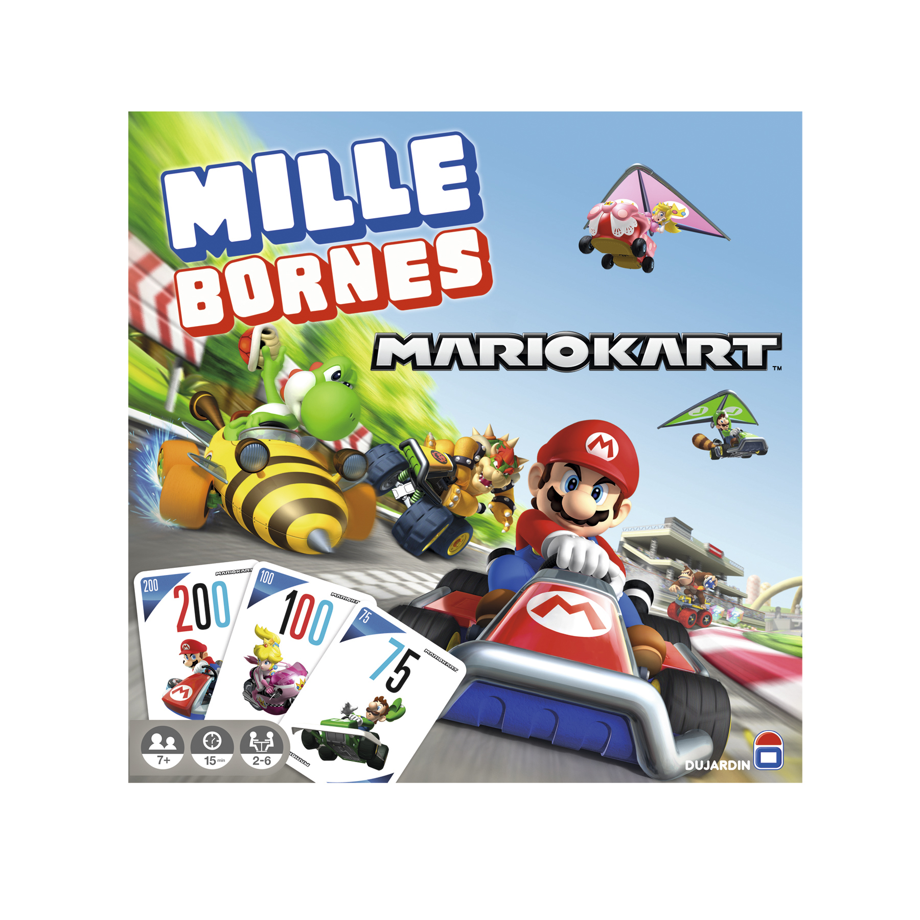 Scatola del gioco da tavolo Mille Bornes Mario Kart. Include carte con Mario, Luigi e altri personaggi.