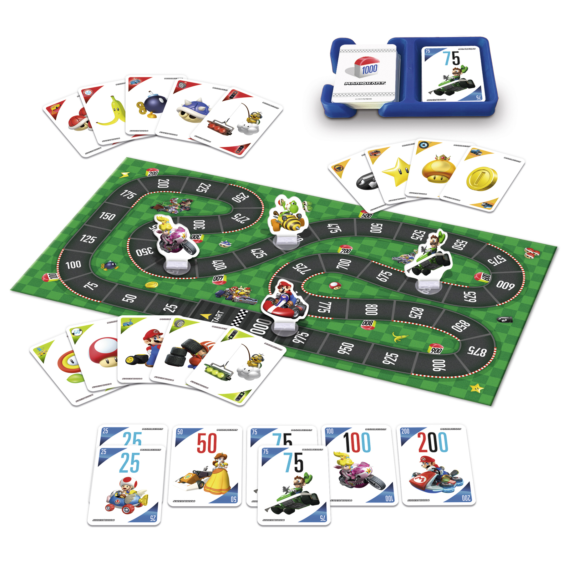 Gioco da tavolo Mario Kart con carte e pedine. Il tabellone ha una pista da corsa.