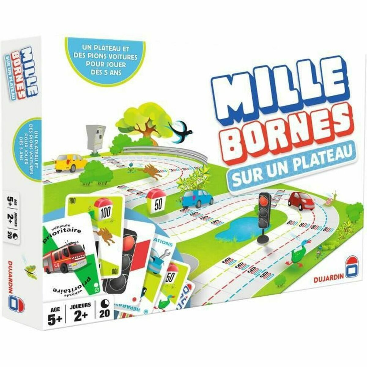 Een Mille Bornes-speldoos. De doos toont kaarten en spelelementen, die auto's en wegen afbeelden.