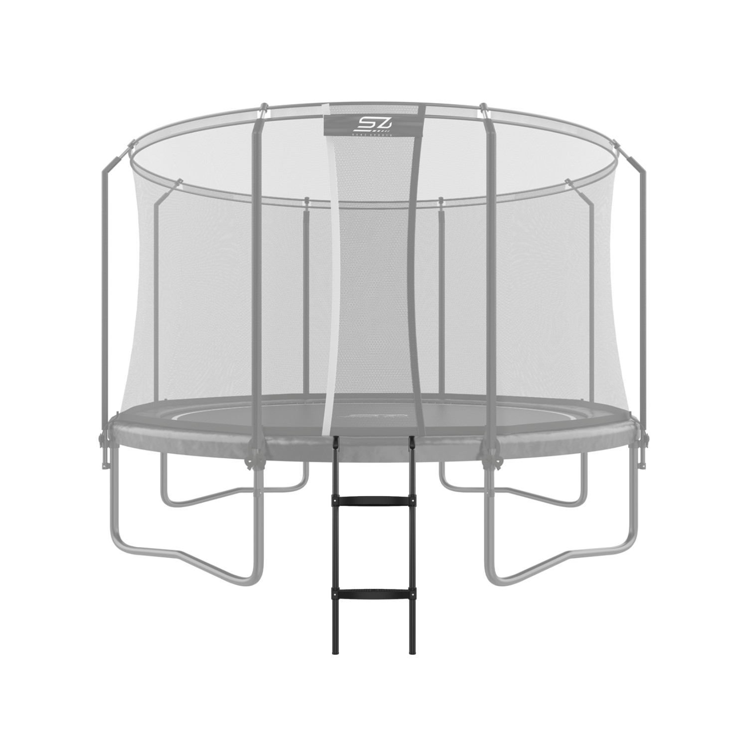 Een grijs trampoline met een zwarte ladder voor toegang.