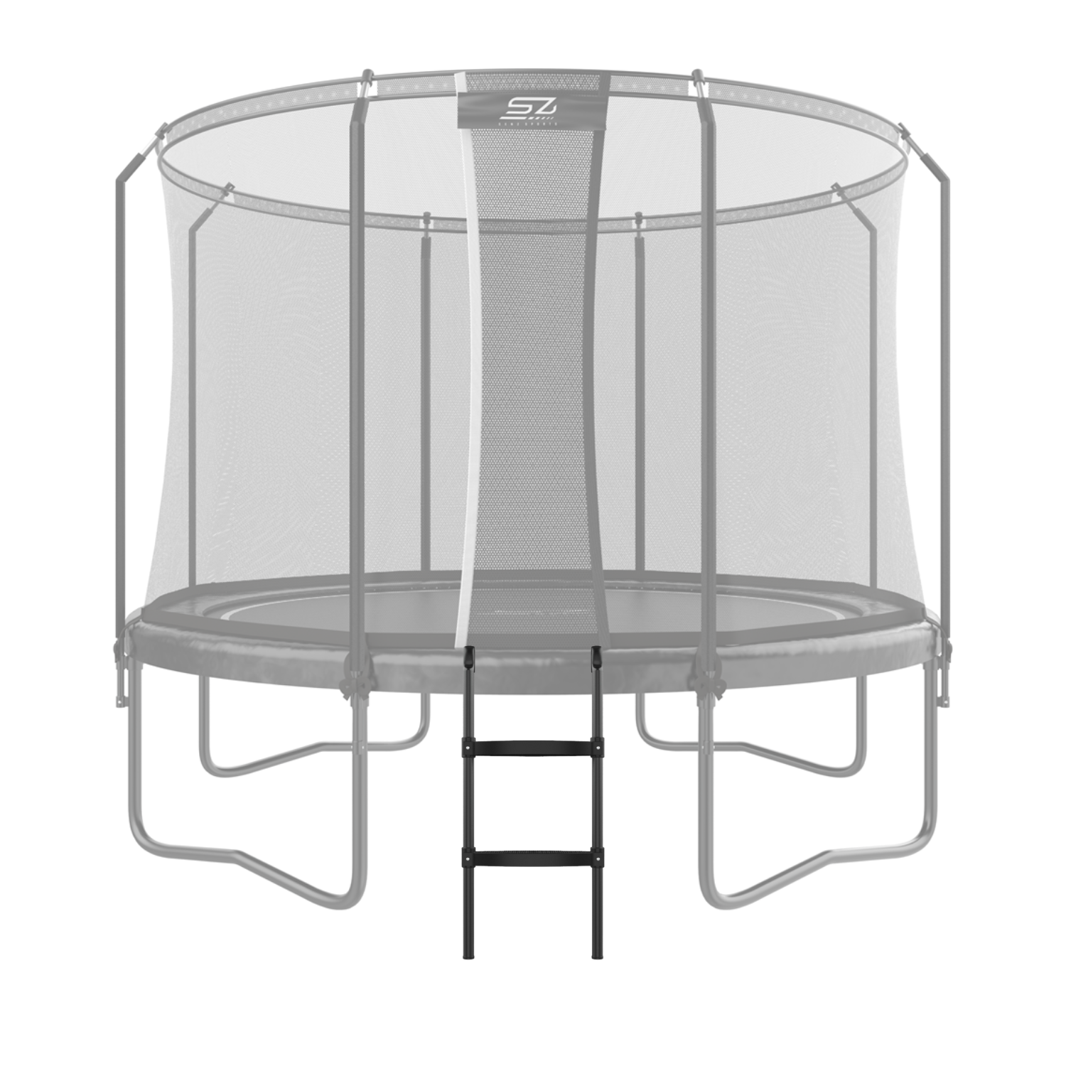 Een trampoline met veiligheidsnet en een zwarte ladder voor toegang.