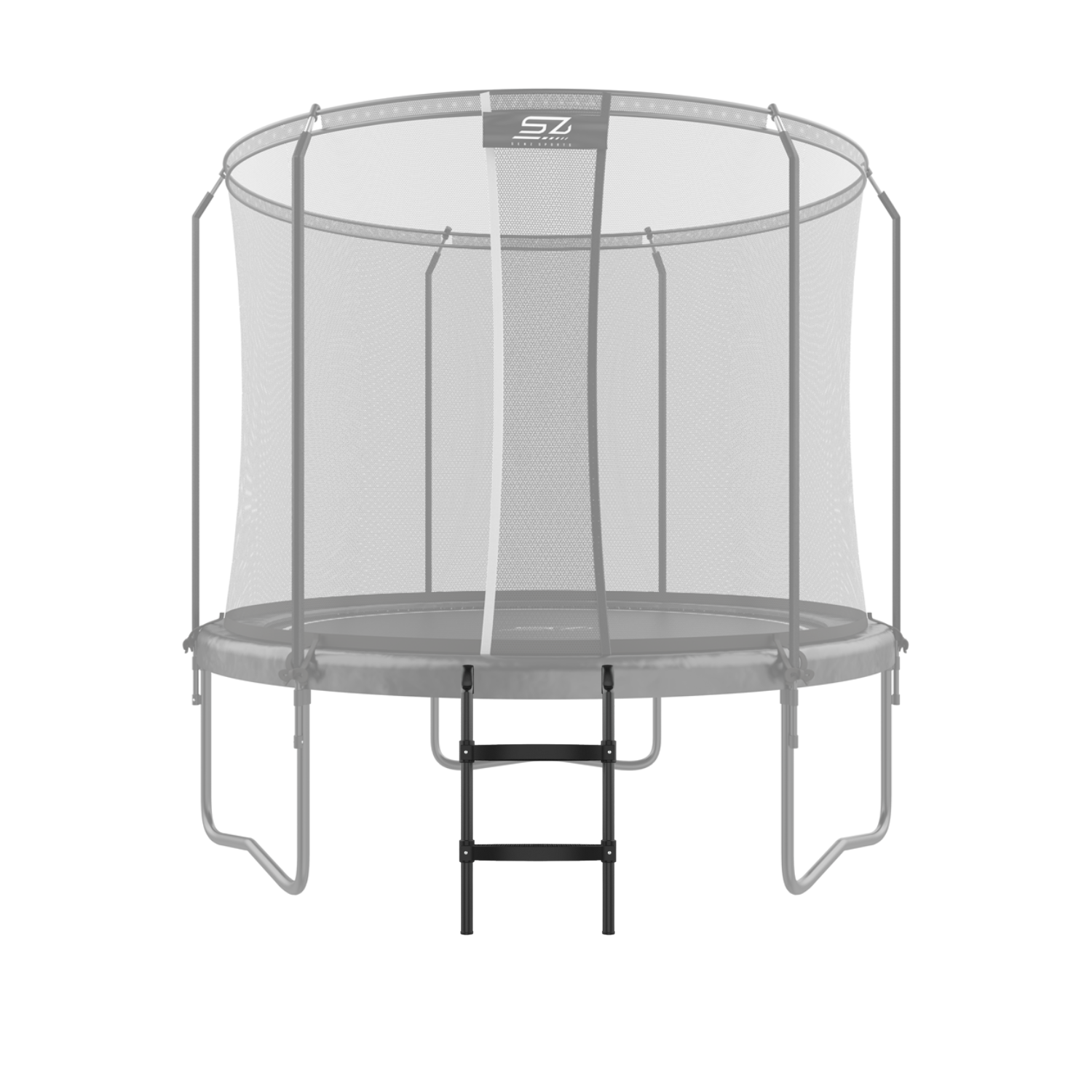 Een grijze trampoline met veiligheidsnet en zwarte ladder, geïsoleerd.