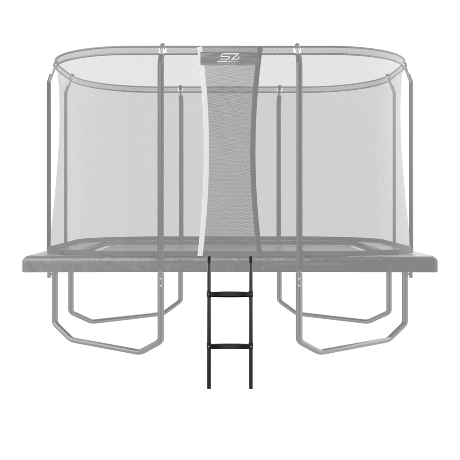 Een trampoline met een veiligheidsnet en een ladder. Hij is grijs en zwart.