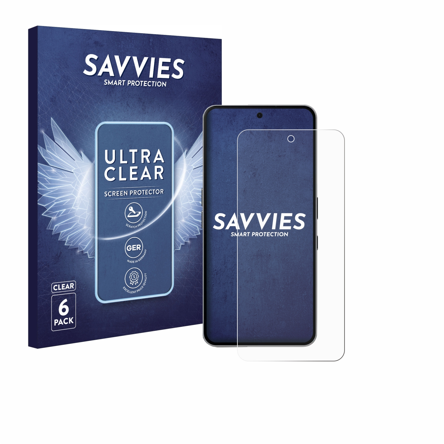 Displayschutzfolien-Box mit Telefon und Schutzfolie davor.