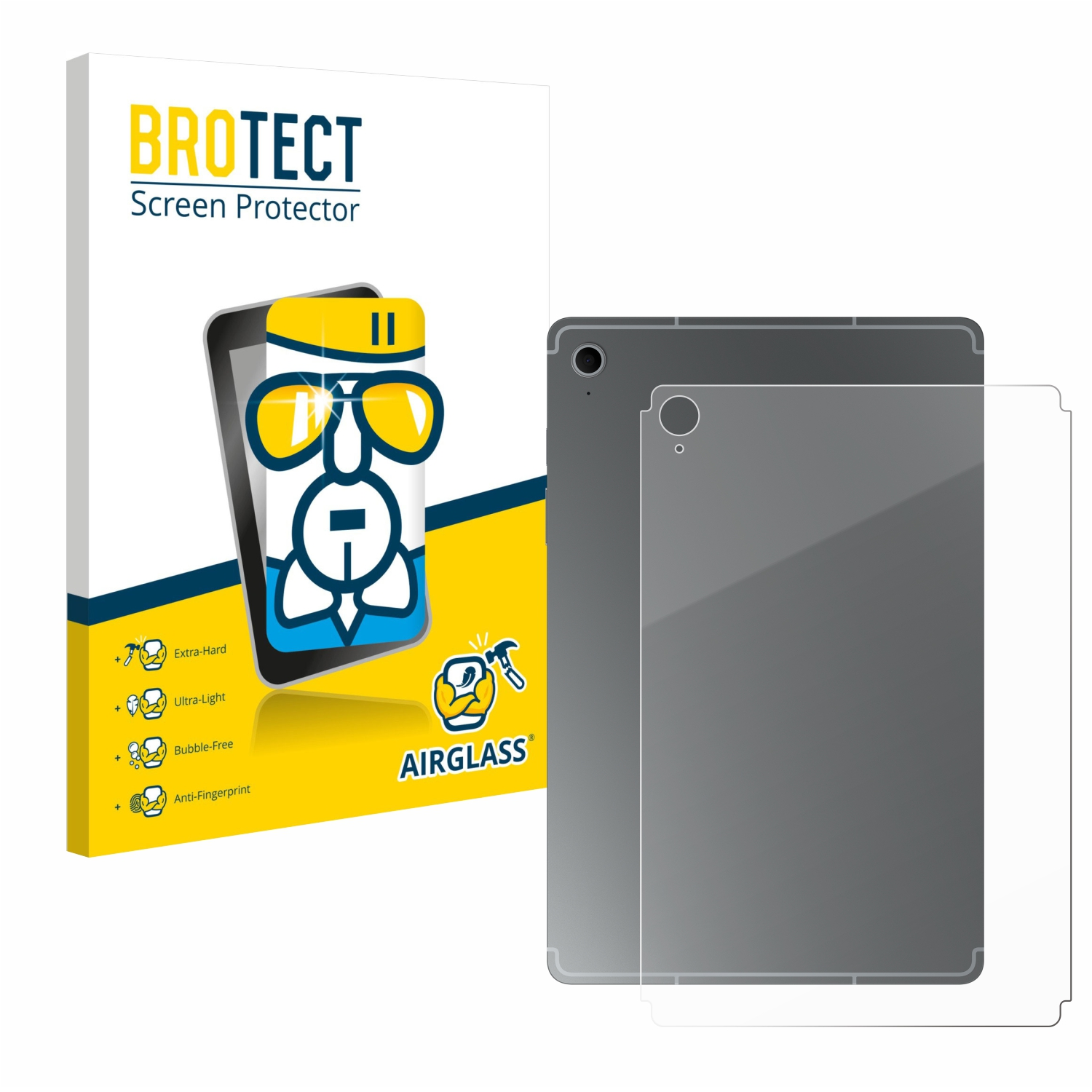 Ein Tablet mit Displayschutzfolie und einer Box. Das Tablet ist schwarz. Die Box ist gelb und blau.