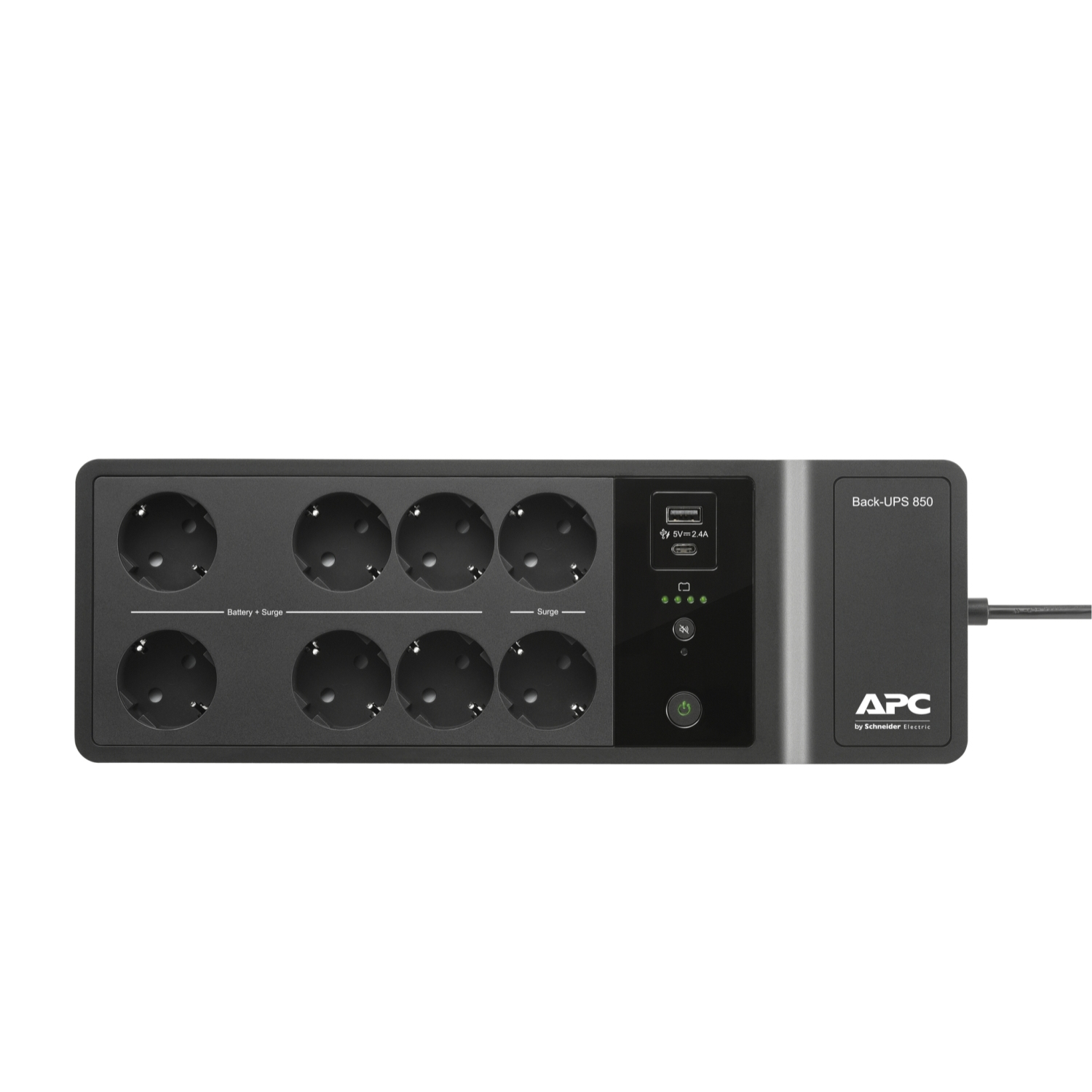Un APC Back-UPS 850 negro con múltiples enchufes, un botón de encendido y un puerto USB.