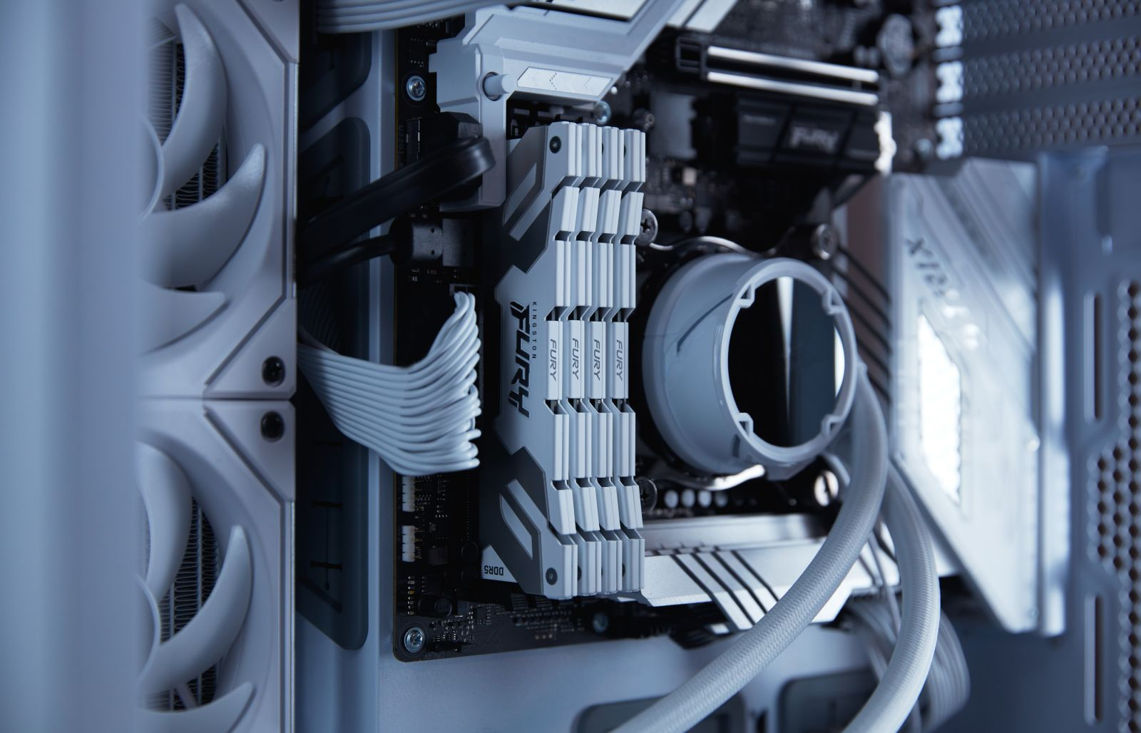 Wewnętrzne komponenty komputera. Moduły RAM. Schemat kolorów biały i szary.