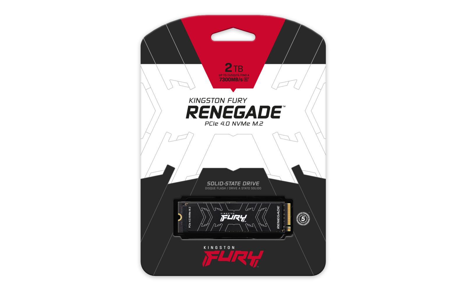 Opakowanie dysku SSD Kingston Fury Renegade 2TB. Użyto kolorów czarnego i czerwonego.