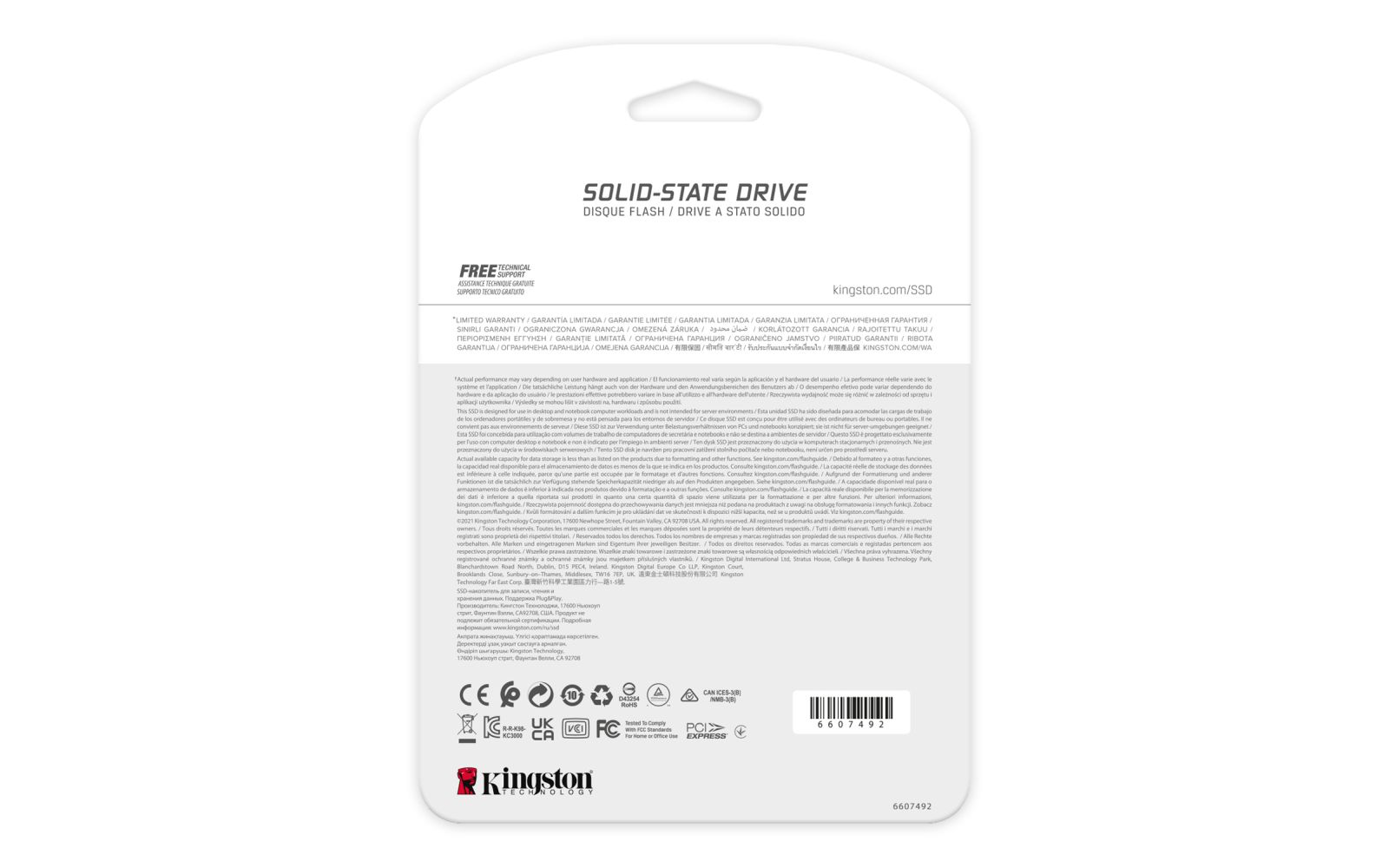 Tył opakowania dysku SSD z tekstem w wielu językach i logo Kingston.