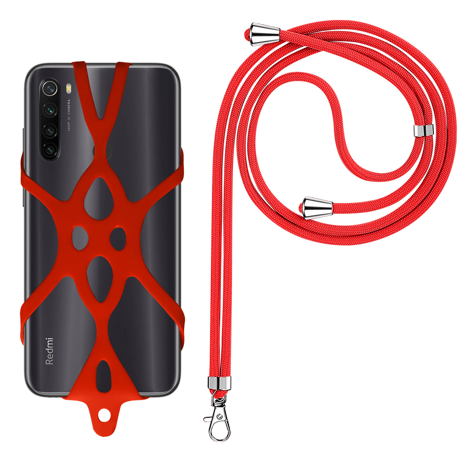 Cinturino per telefono rosso con custodia rossa. Il telefono è nero e ha un cinturino rosso.