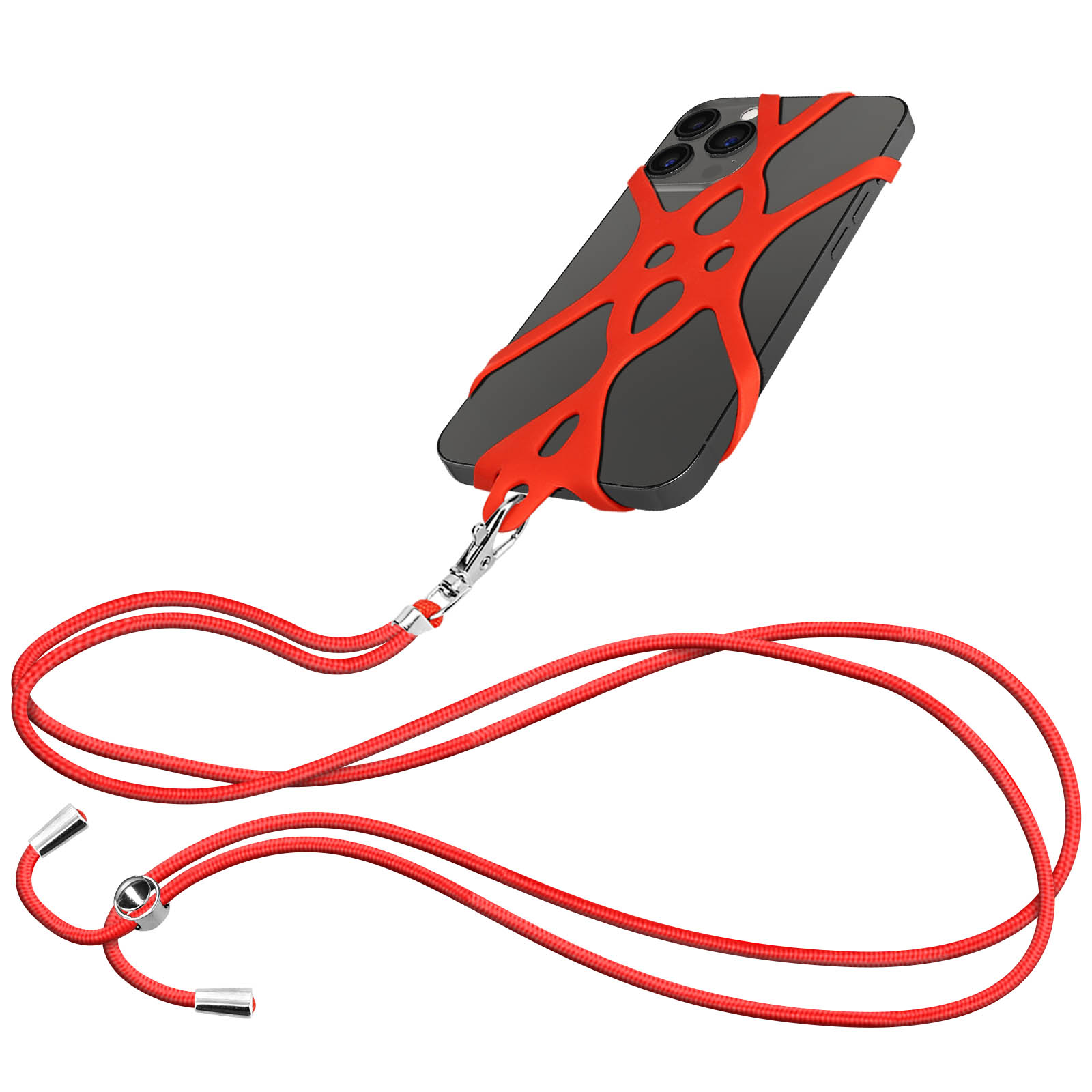 Un telefono con custodia grigia e cordino rosso con chiusura argentata, su sfondo bianco.