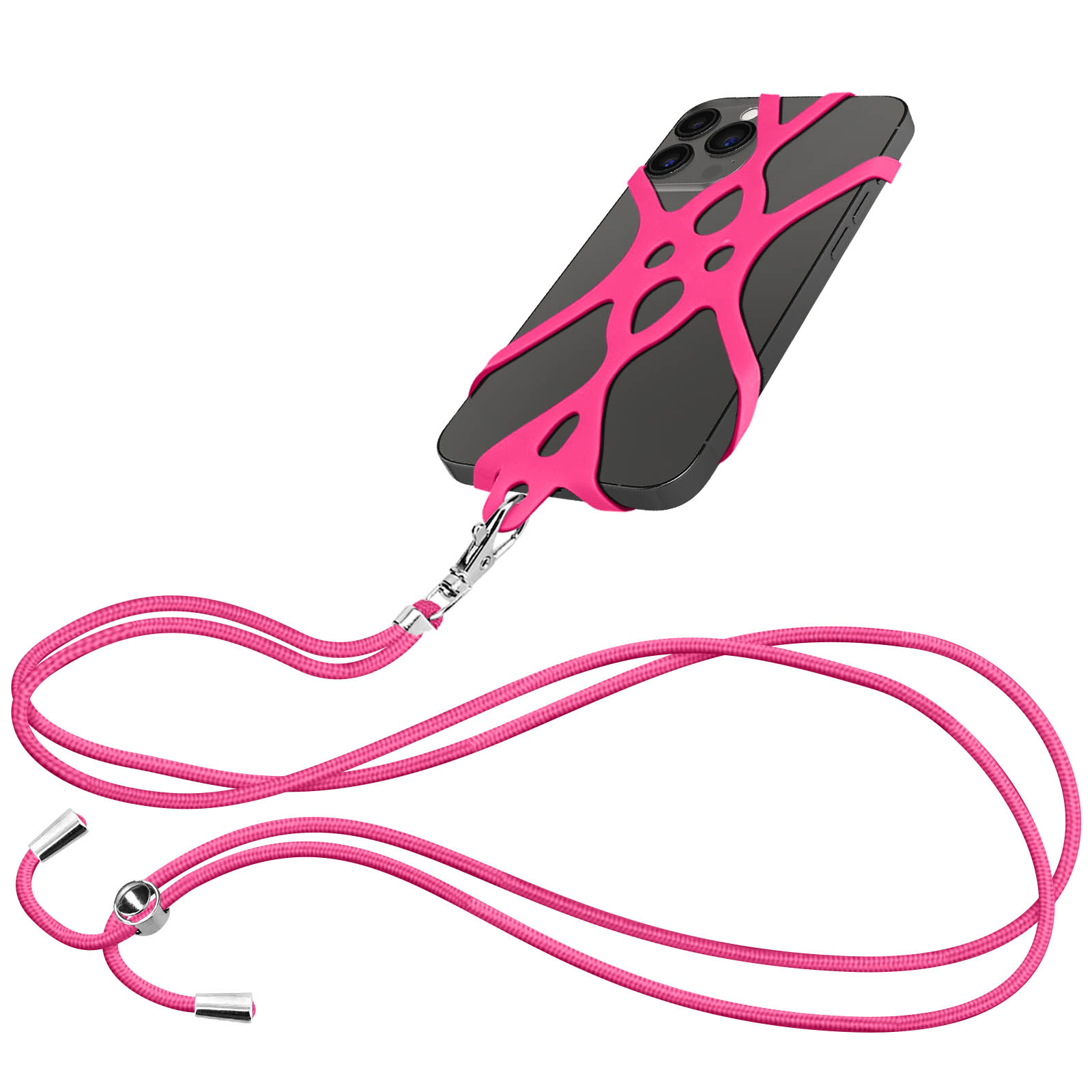 Laccetto rosa per telefono con telefono nero e chiusura argentata.