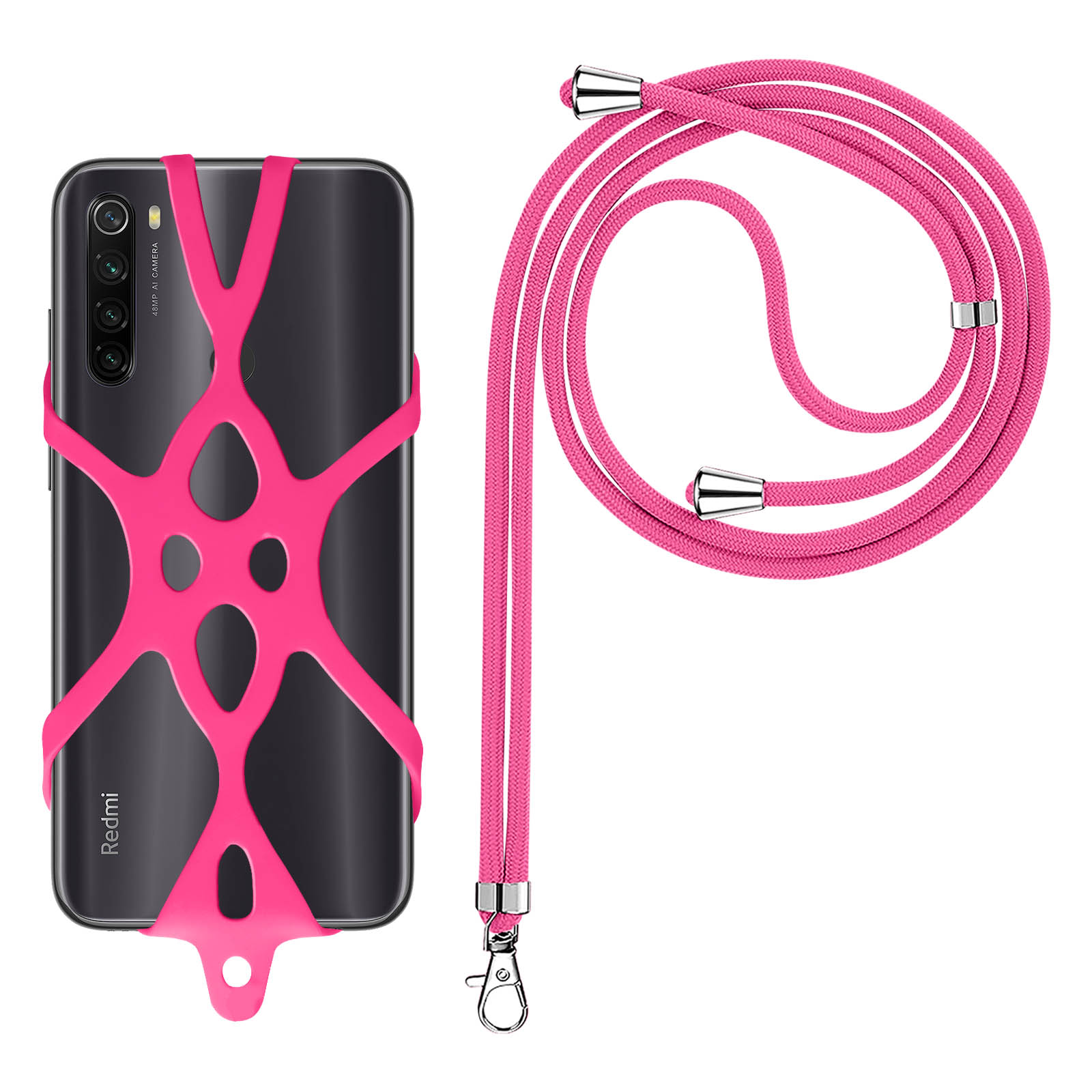 Una cinghia per telefono e una custodia per telefono rosa per un telefono.