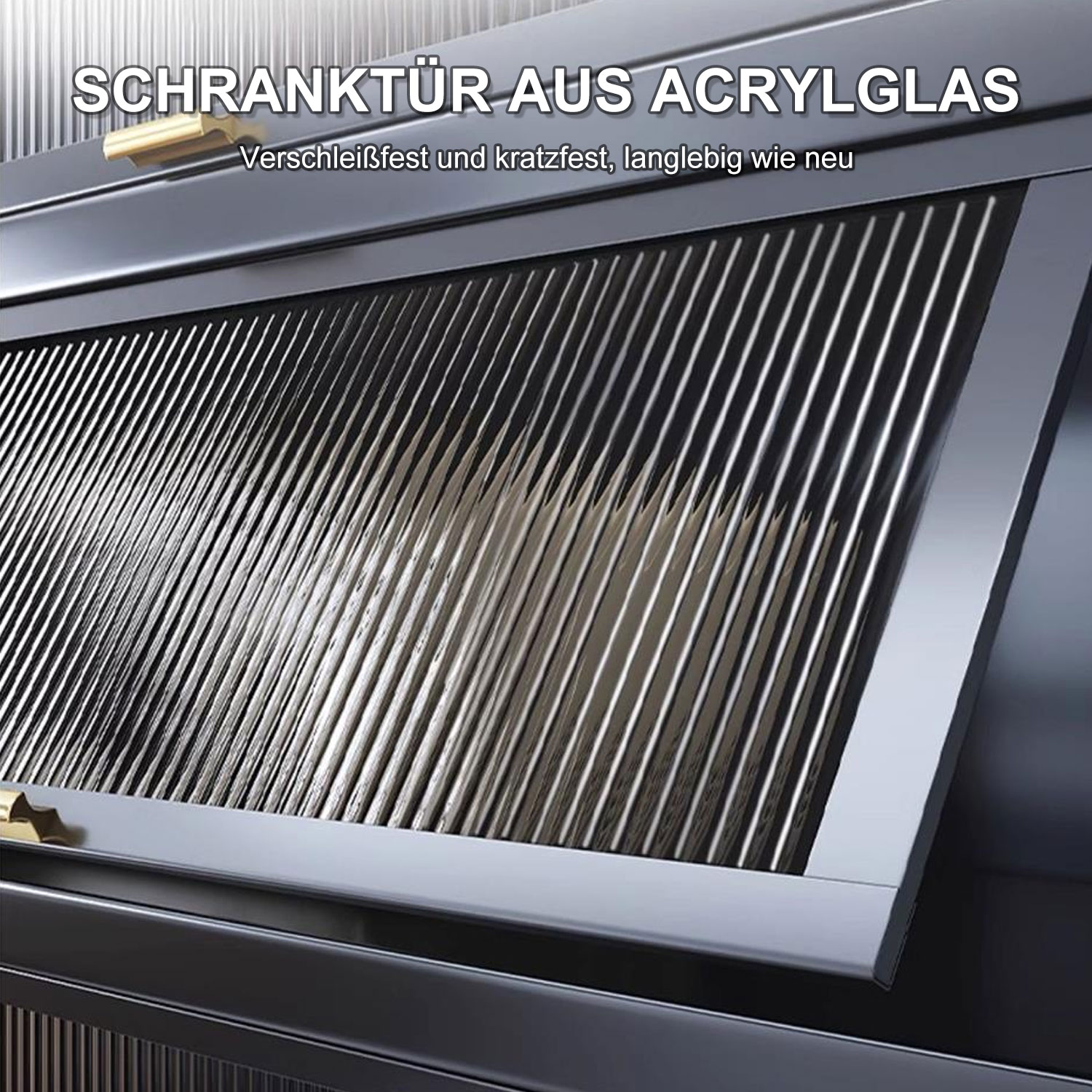 Nahaufnahme einer Schranktür aus Acrylglas. Es zeigt einen Metallrahmen und vertikale Linien.