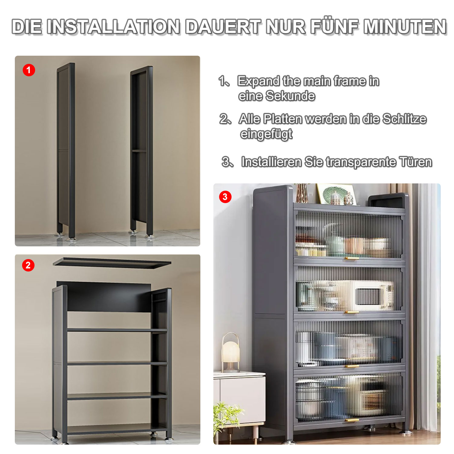 Montageanleitung mit Diagrammen, die Schritte zum Zusammenbau eines Schranks zeigen, mit dunklen Regalen.
