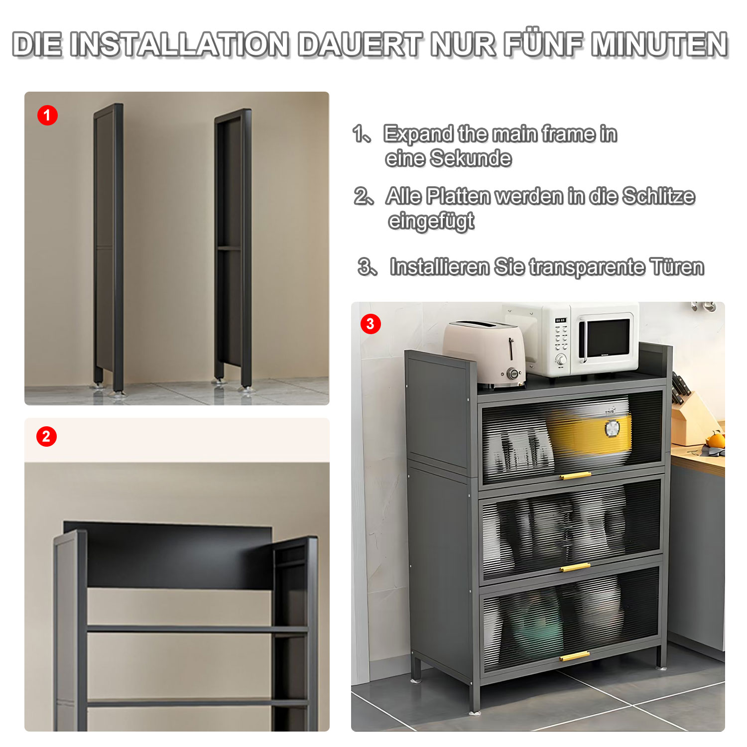 Montageanleitung für einen Schrank. Der Schrank ist grau, mit Glastüren. Die Schritte sind nummeriert.