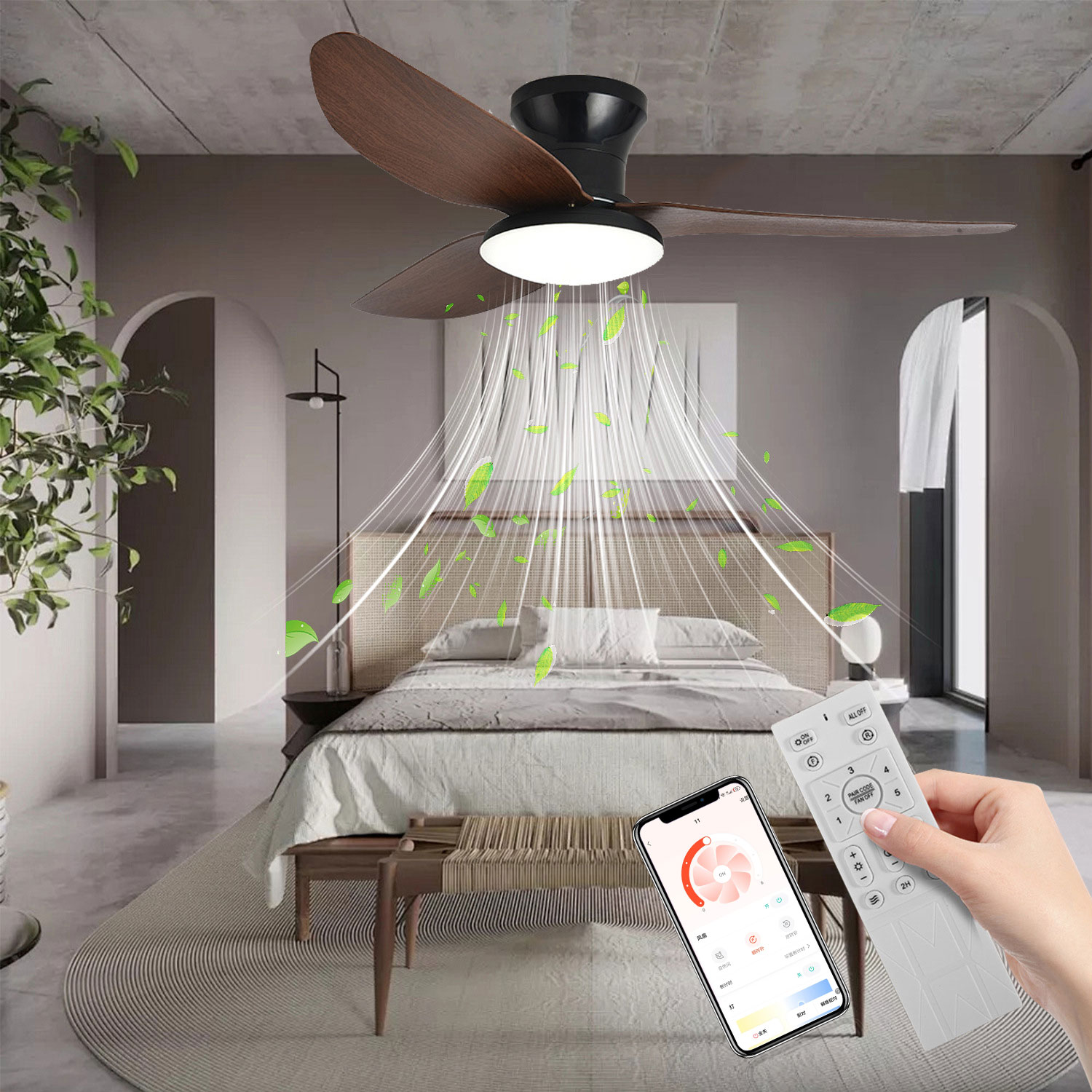 Schlafzimmer Szene mit Deckenventilator, Bett und Fernbedienung. Der Ventilator hat Holzblätter.