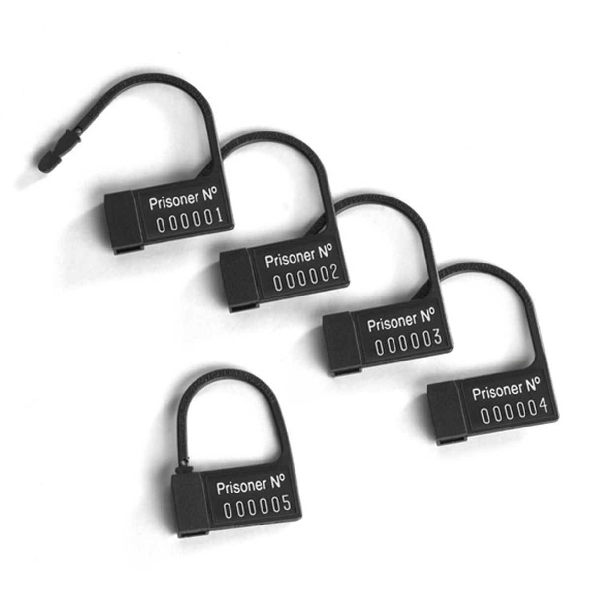 Pięć czarnych etykiet zabezpieczających, numerowanych od 000001 do 000005, na białym tle.