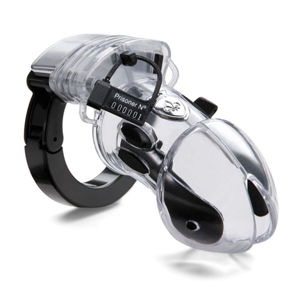 Przezroczyste plastikowe urządzenie do czystości z zamkiem i czarnym paskiem. Etykieta: 'Prisoner No. 000001'.