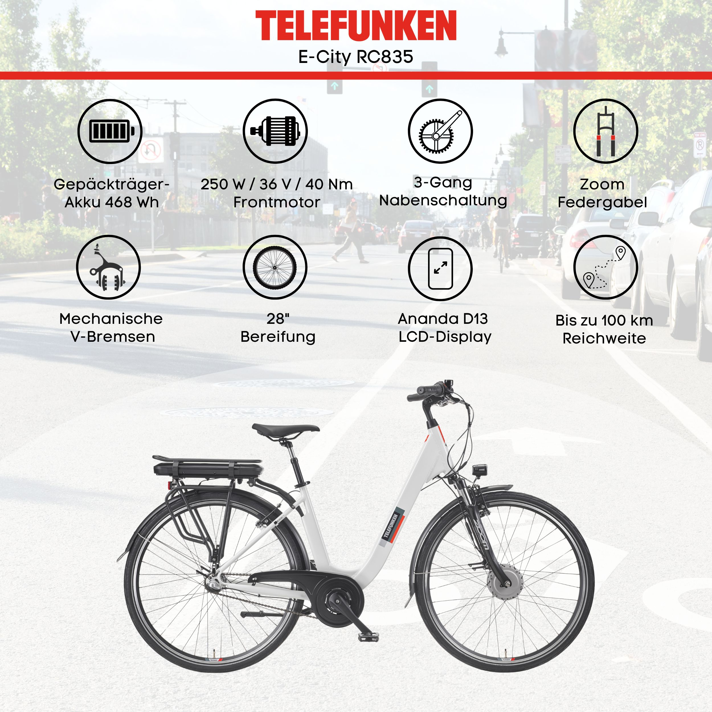Ein weißes Elektrofahrrad mit Text und Diagrammen, die seine Eigenschaften und Spezifikationen beschreiben.