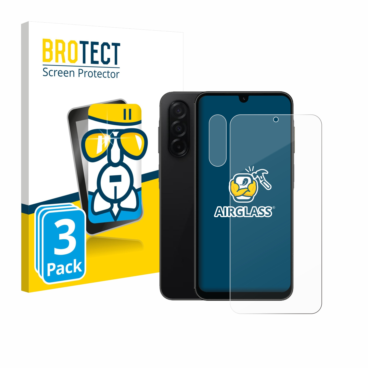 Smartphone, Displayschutzfolie und Verpackung. Das Telefon ist schwarz, mit einer Displayschutzfolie.