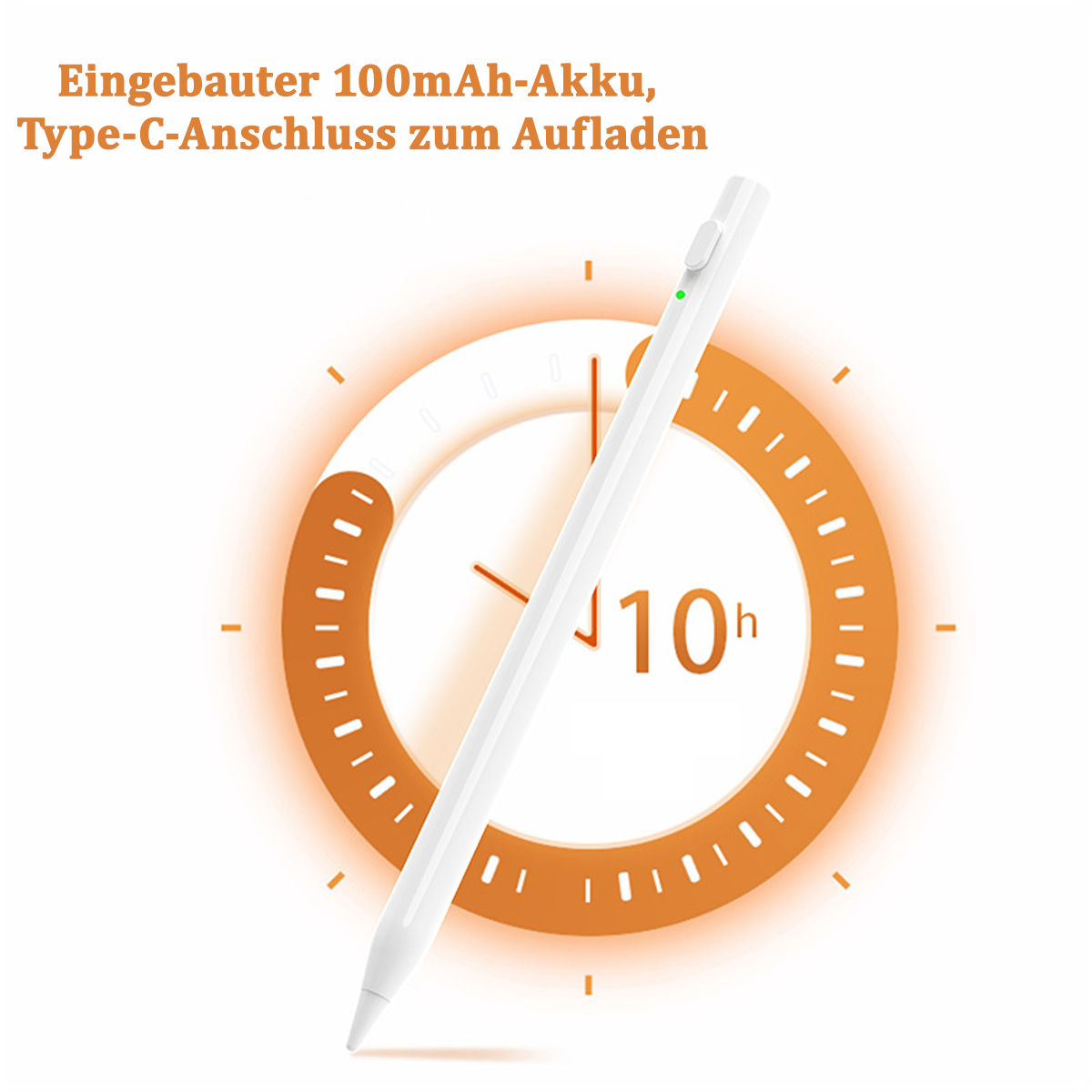 Weißer Stift auf Zifferblatt-Hintergrund, zeigt 10 Stunden Nutzungszeit. Text zeigt Ladedetails.