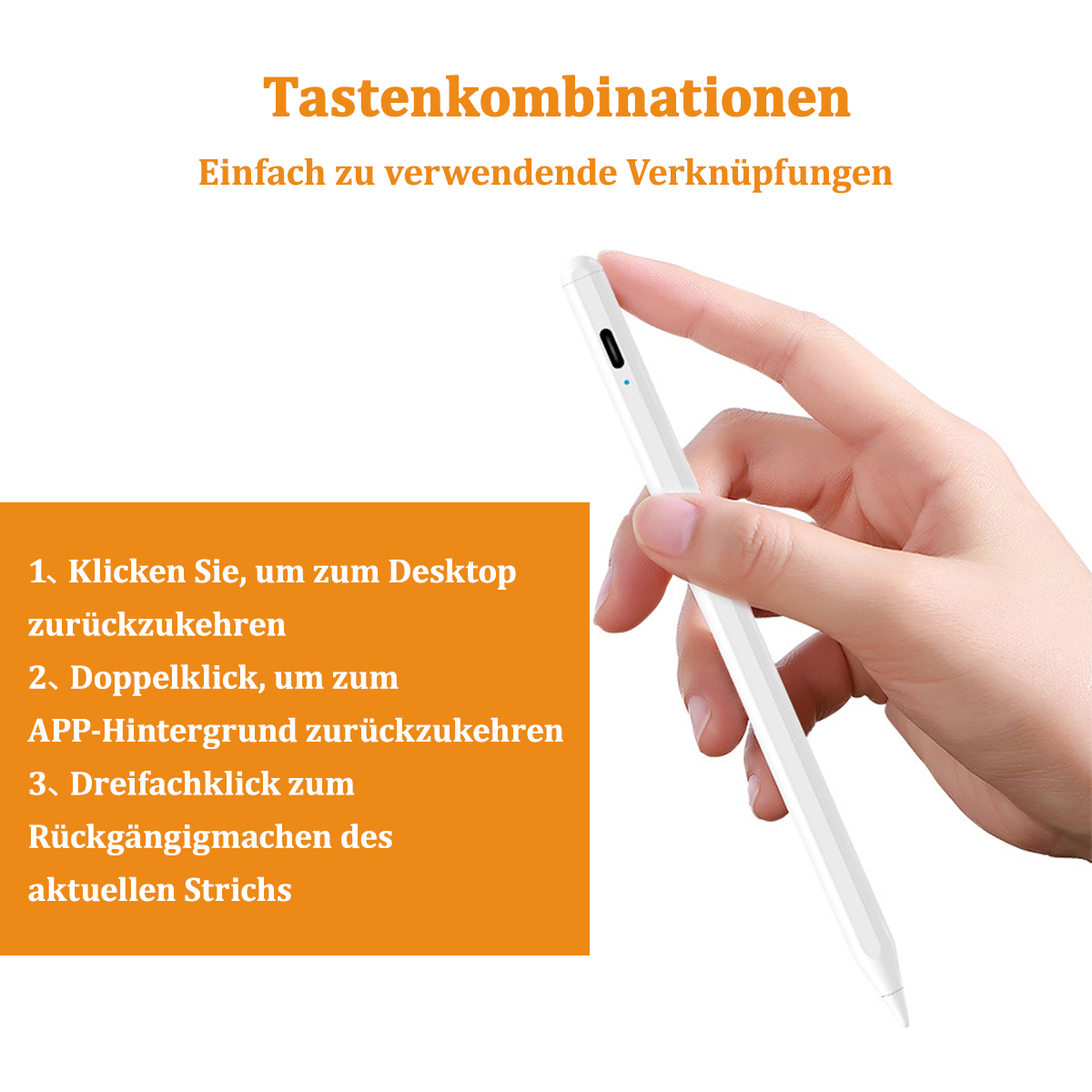 Hand hält einen Stift. Text: Tastenkombinationen. 1. Desktop. 2. App-Hintergrund. 3. Rückgängig.