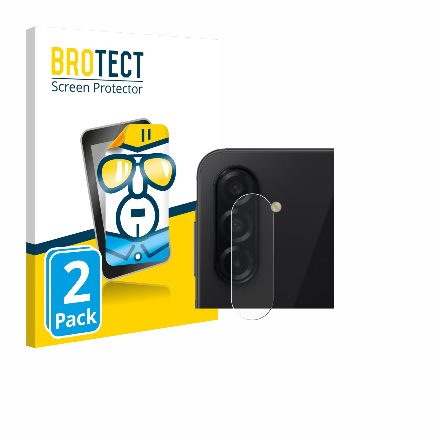 Telefon, Kameraobjektivschutz und Schachtel. Schachtel zeigt 'Brotect Screen Protector' und Grafik.