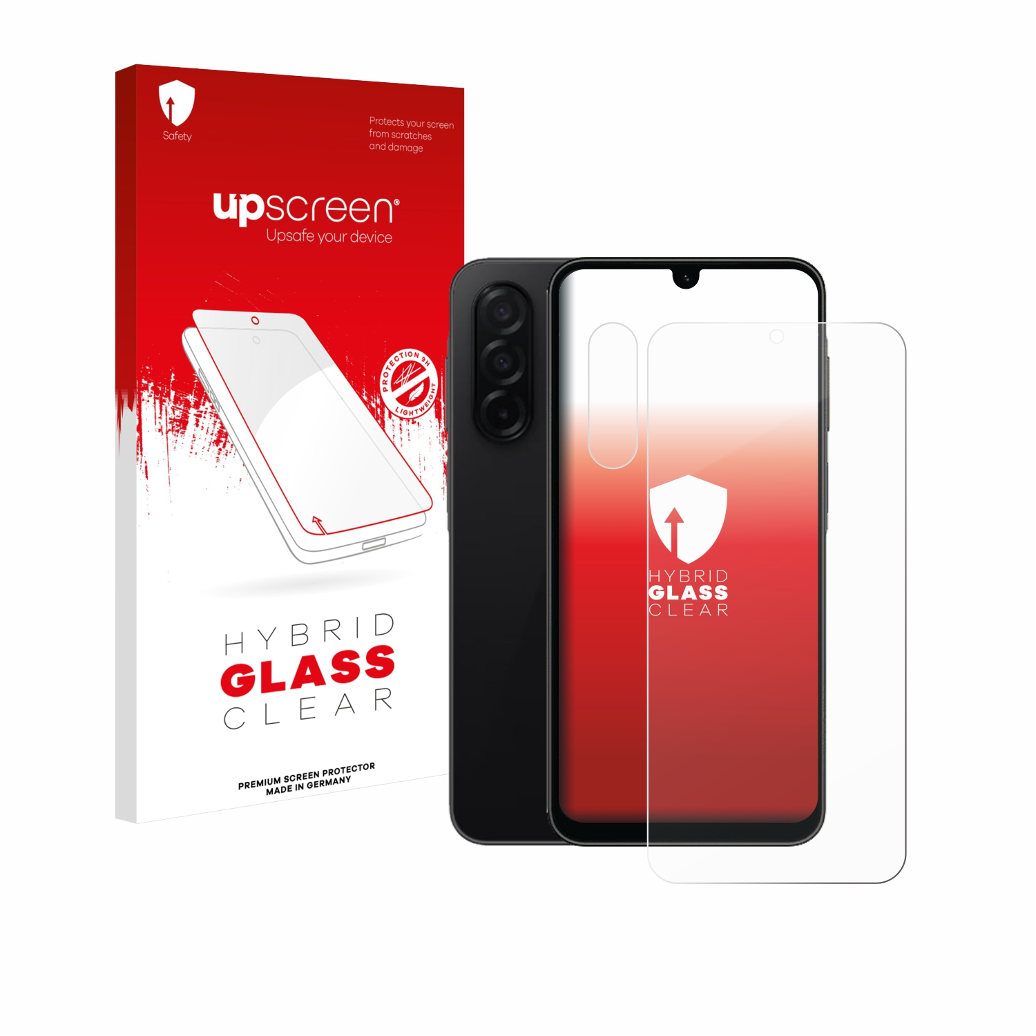 Schutzfolienbox und Telefon mit angebrachter Folie. Auf der Box steht 'HYBRID GLASS CLEAR'.