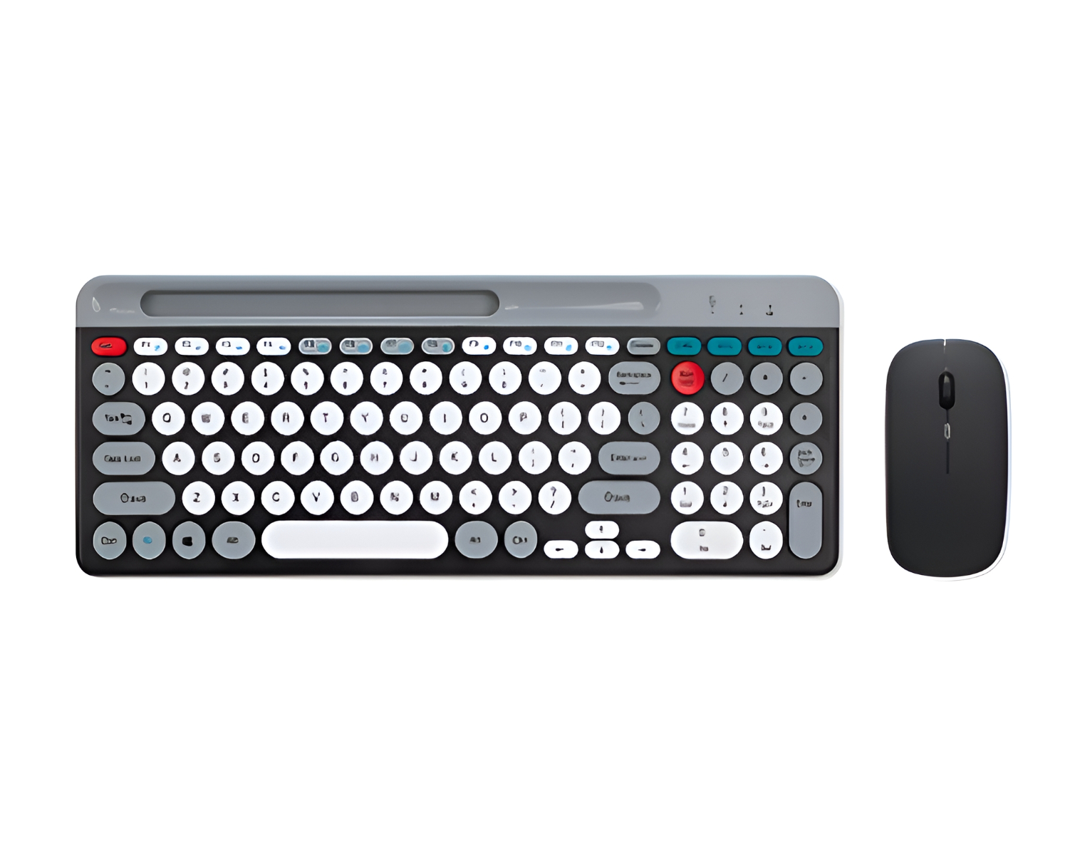 Eine Tastatur und eine Maus. Die Tastatur ist grau und schwarz. Die Maus ist schwarz.