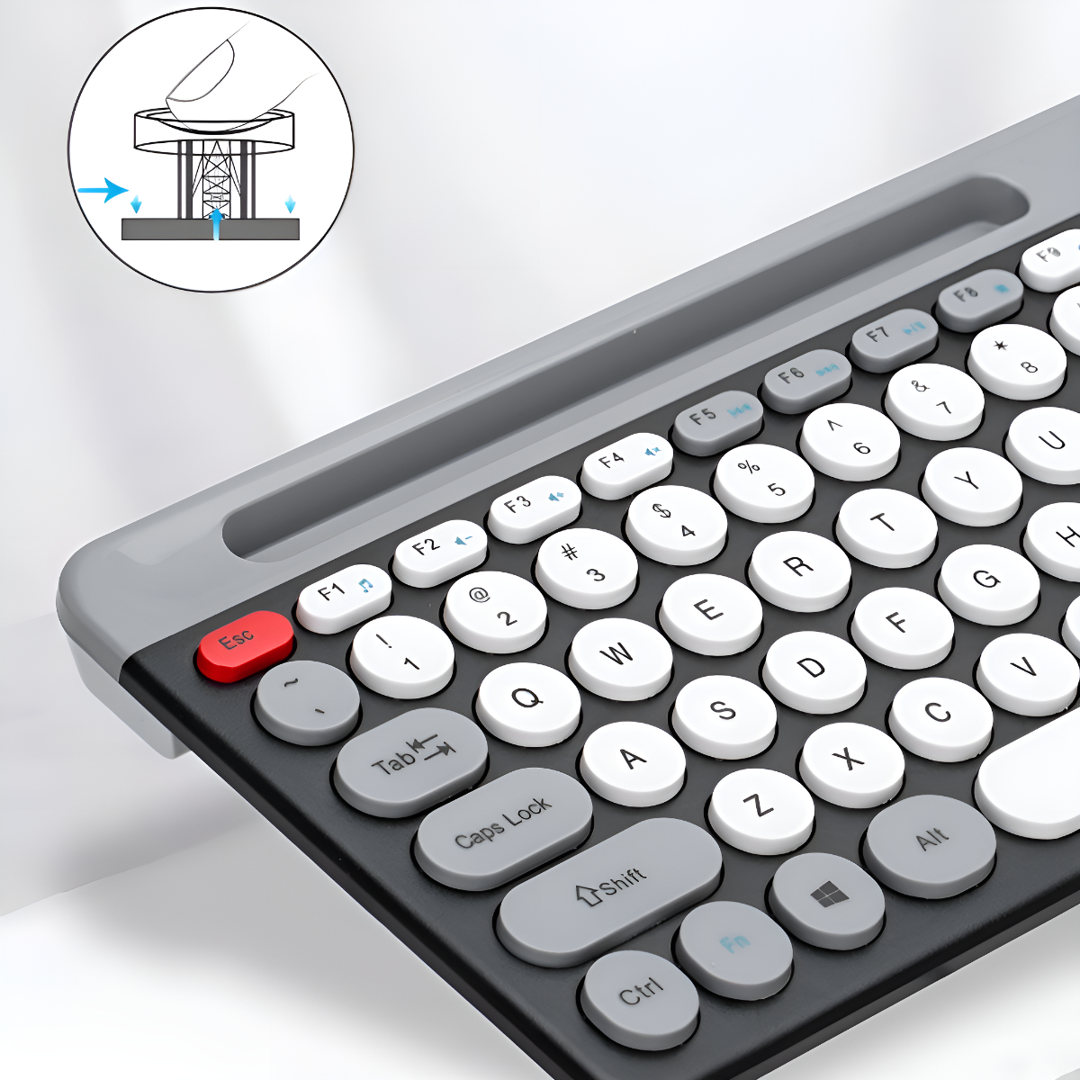 Nahaufnahme einer grauen Tastatur mit weißen und grauen Tasten. Ein Diagramm zeigt die Tastenunterstützung.