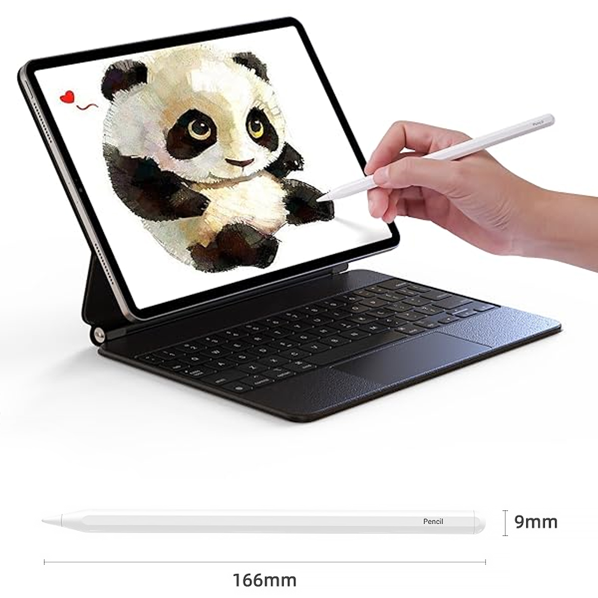 Ein iPad mit einer Panda-Zeichnung, weißem Stift auf dem Bildschirm und einem weißen Stift unten.