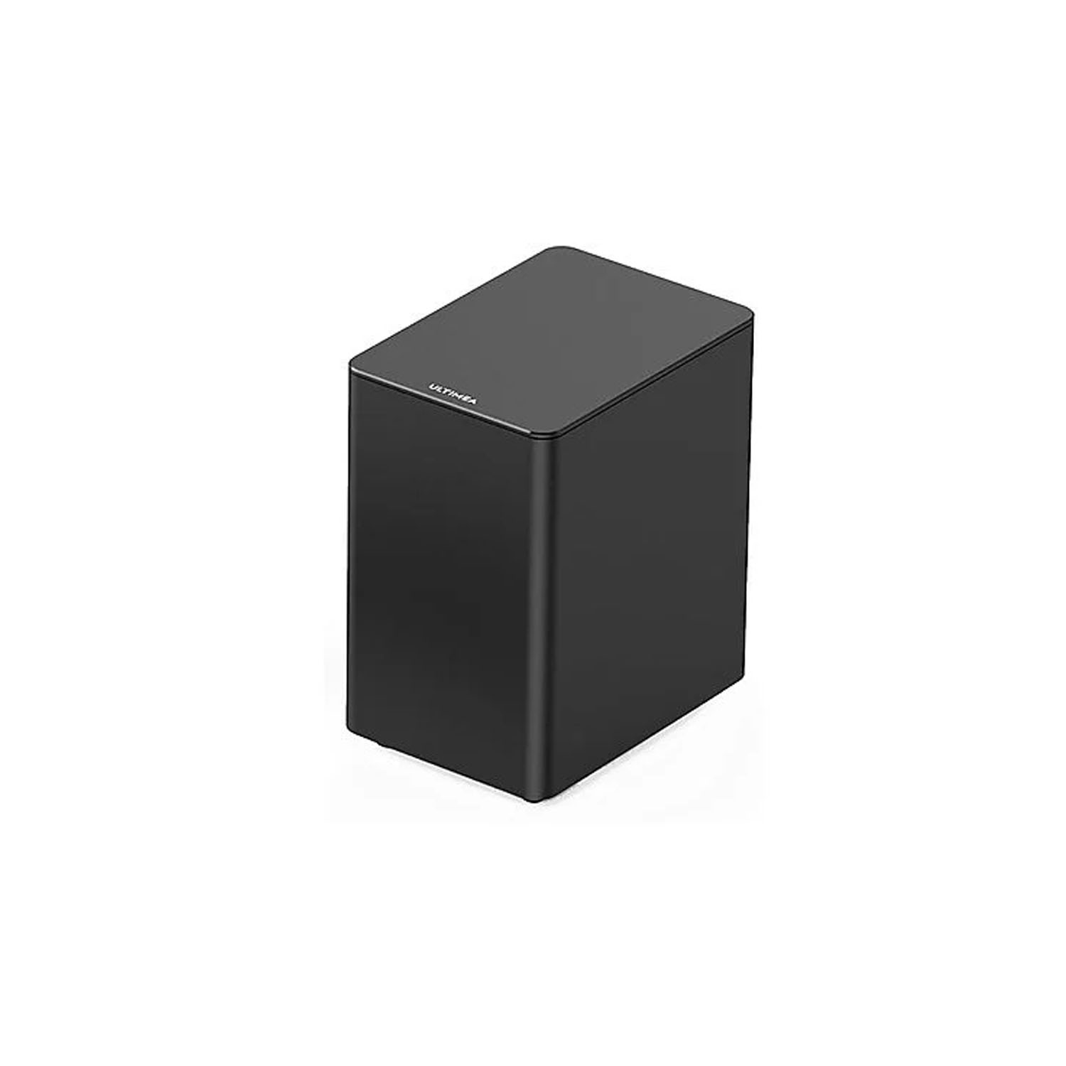 Czarny subwoofer na białym tle. Produkt ma etykietę Ultimea.