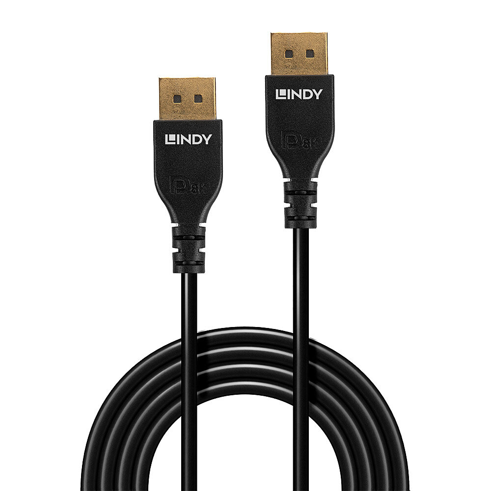 Dwa czarne kable LINDY ze złączami DisplayPort. Złote złącza.