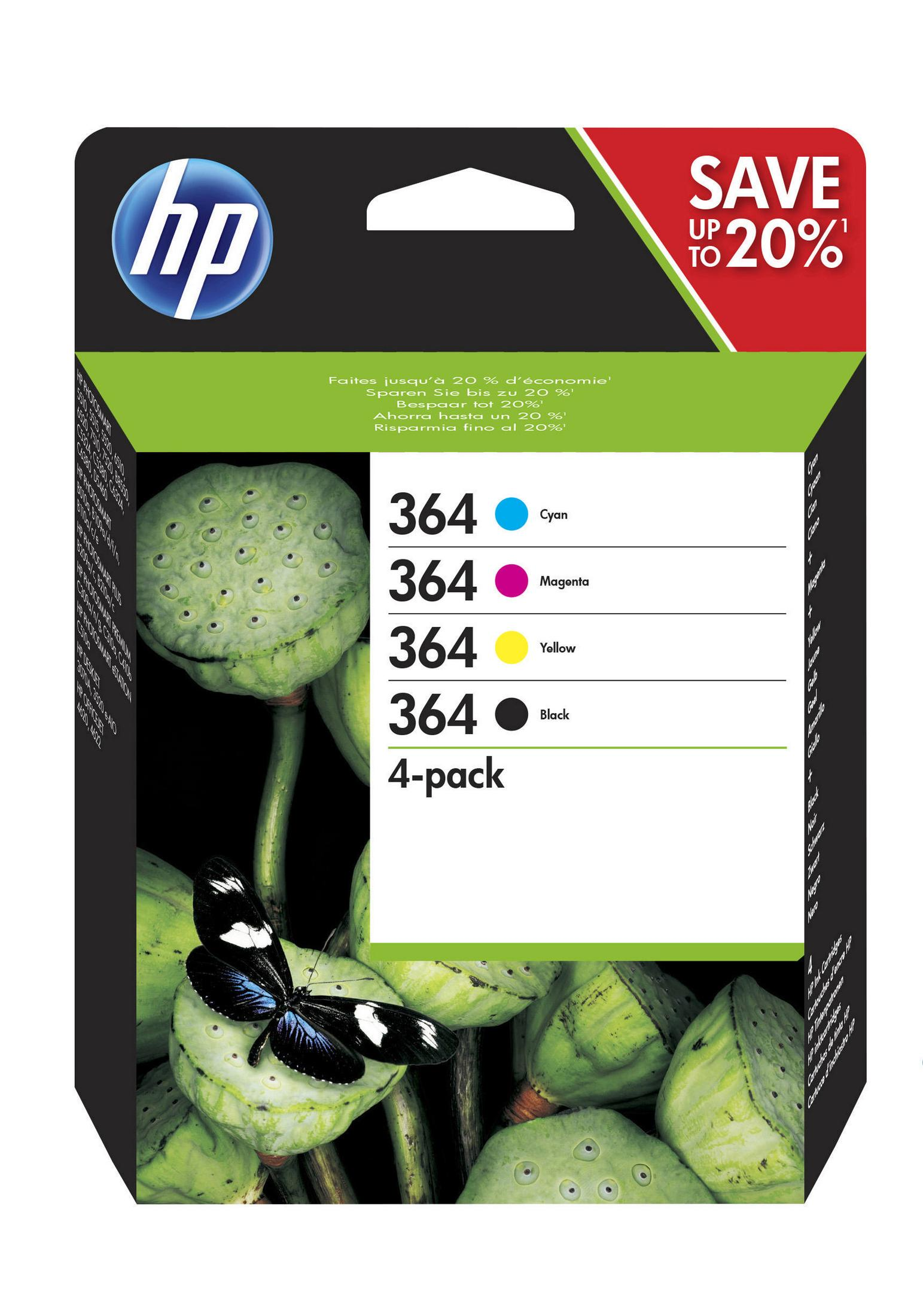 Una confezione di cartucce d'inchiostro HP 364 per una stampante con fiori di loto.